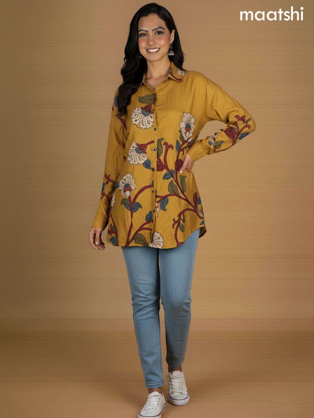 Mustard Shade Muslin Kalamkari Printed Women Shirt