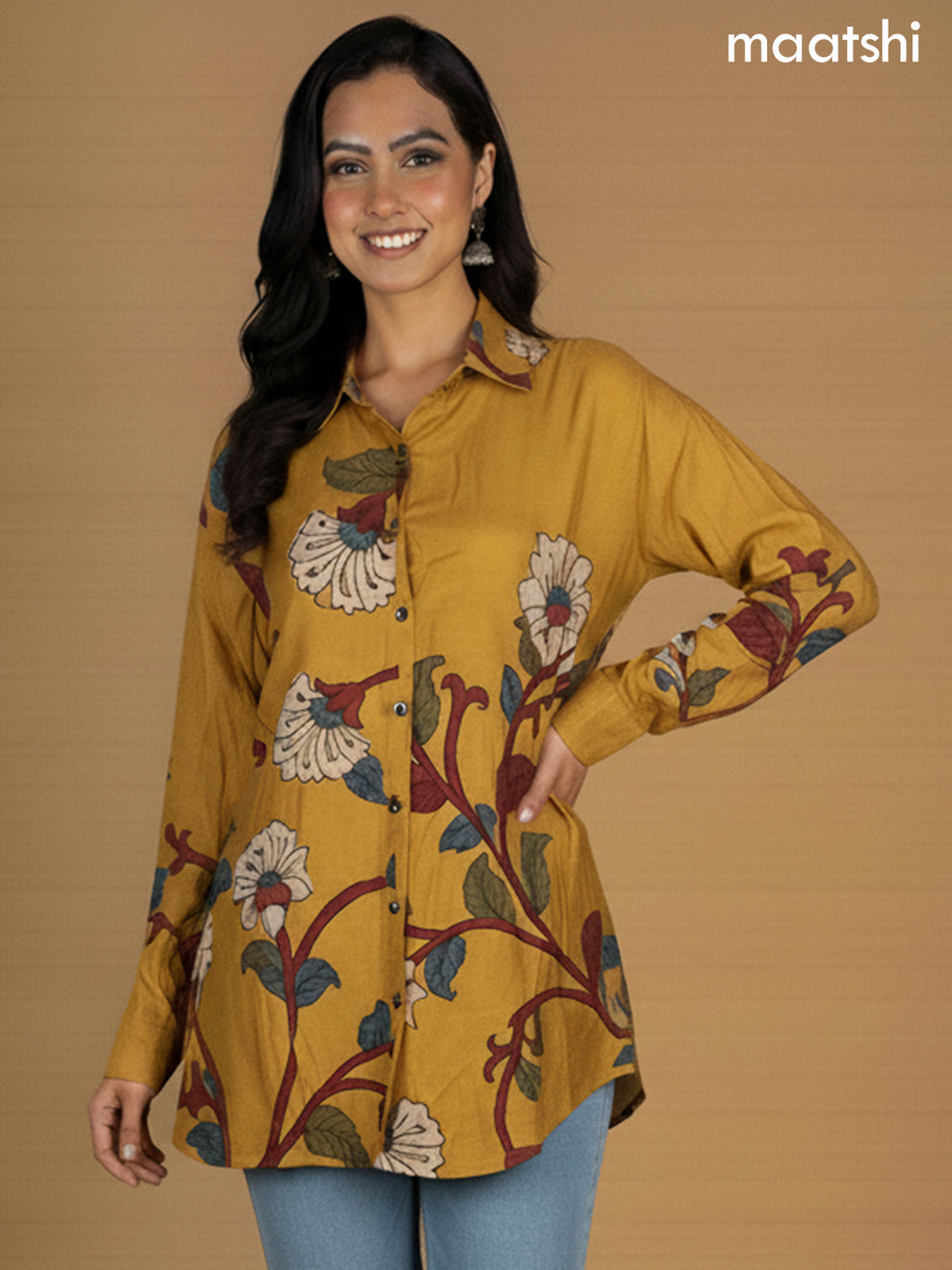 Mustard Shade Muslin Kalamkari Printed Women Shirt