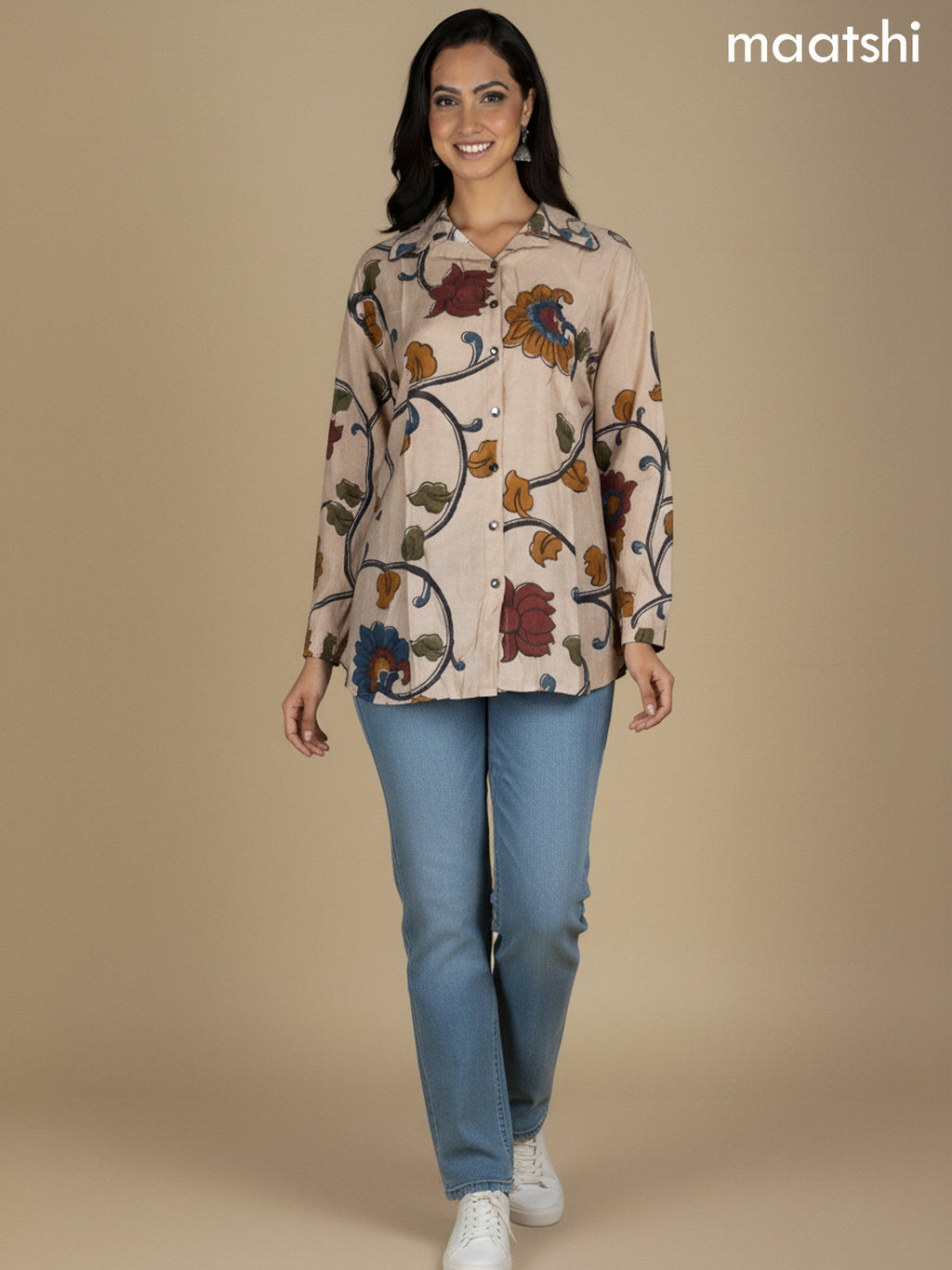 Beige Muslin Kalamkari Printed Women Shirt