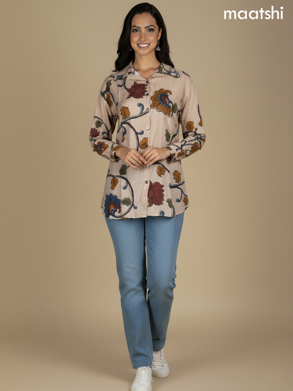 Beige Muslin Kalamkari Printed Women Shirt