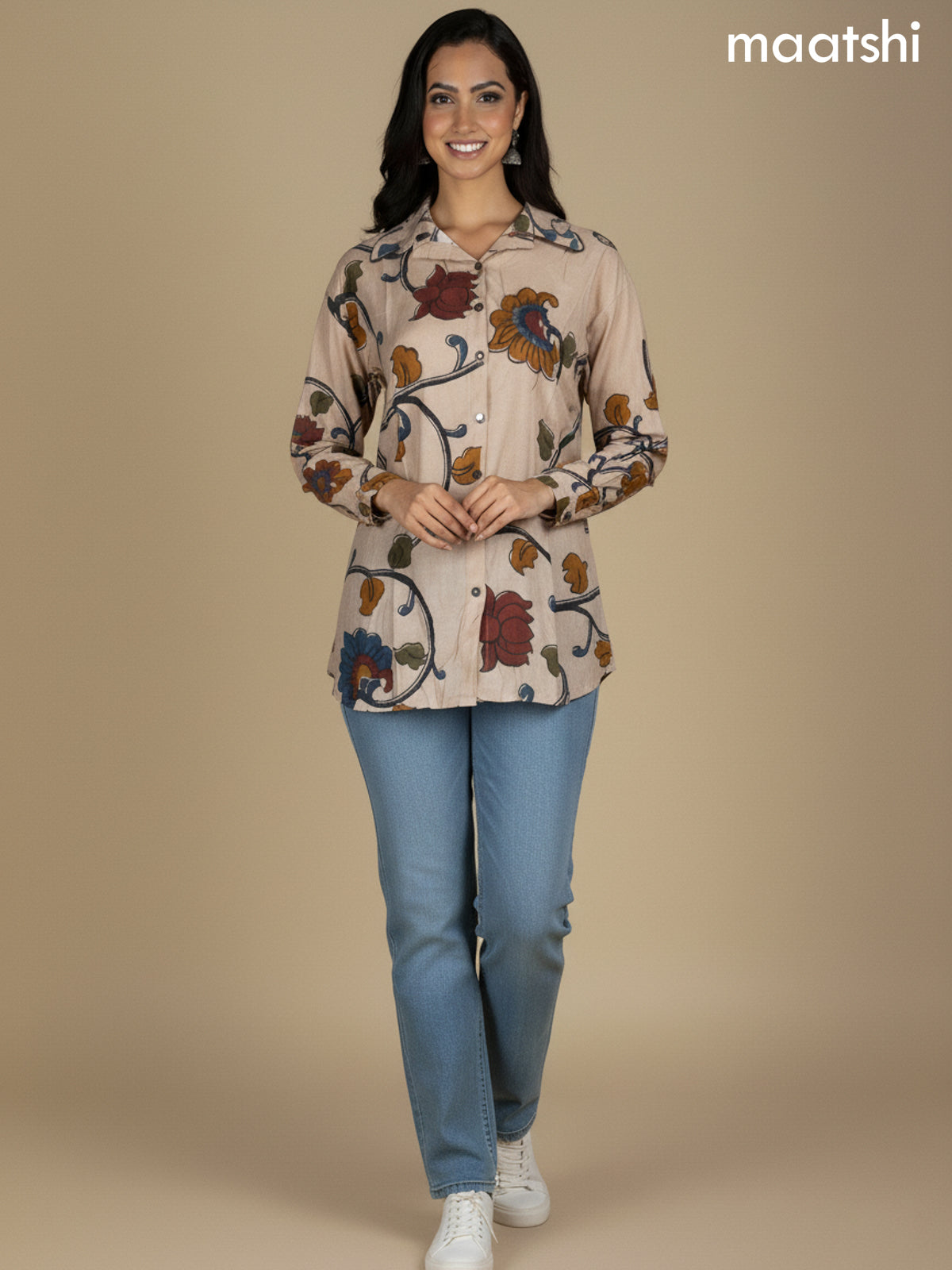 Beige Muslin Kalamkari Printed Women Shirt