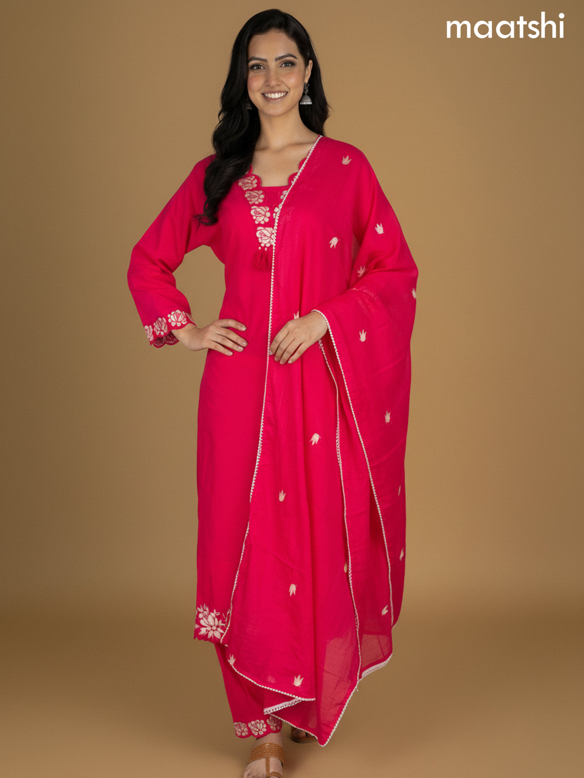Pink Cotton Embroidery Work A-Line Suit