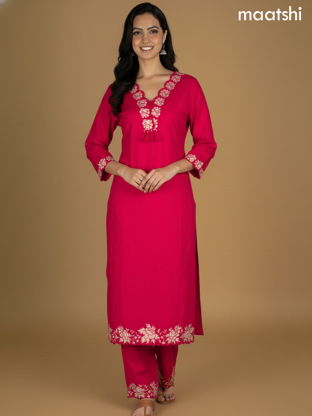 Pink Cotton Embroidery Work A-Line Suit