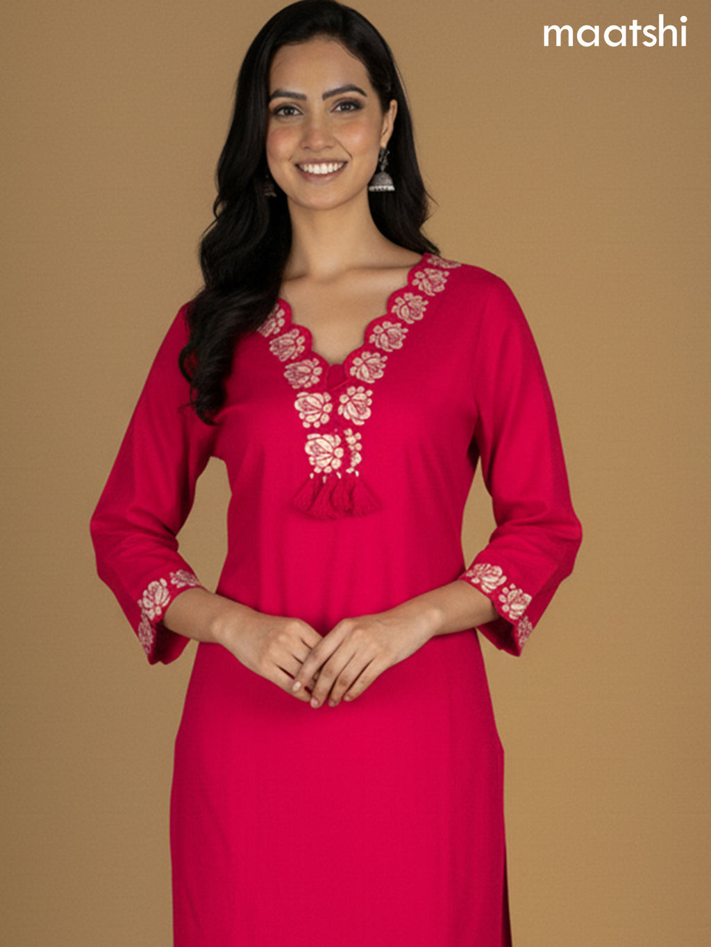 Pink Cotton Embroidery Work A-Line Suit
