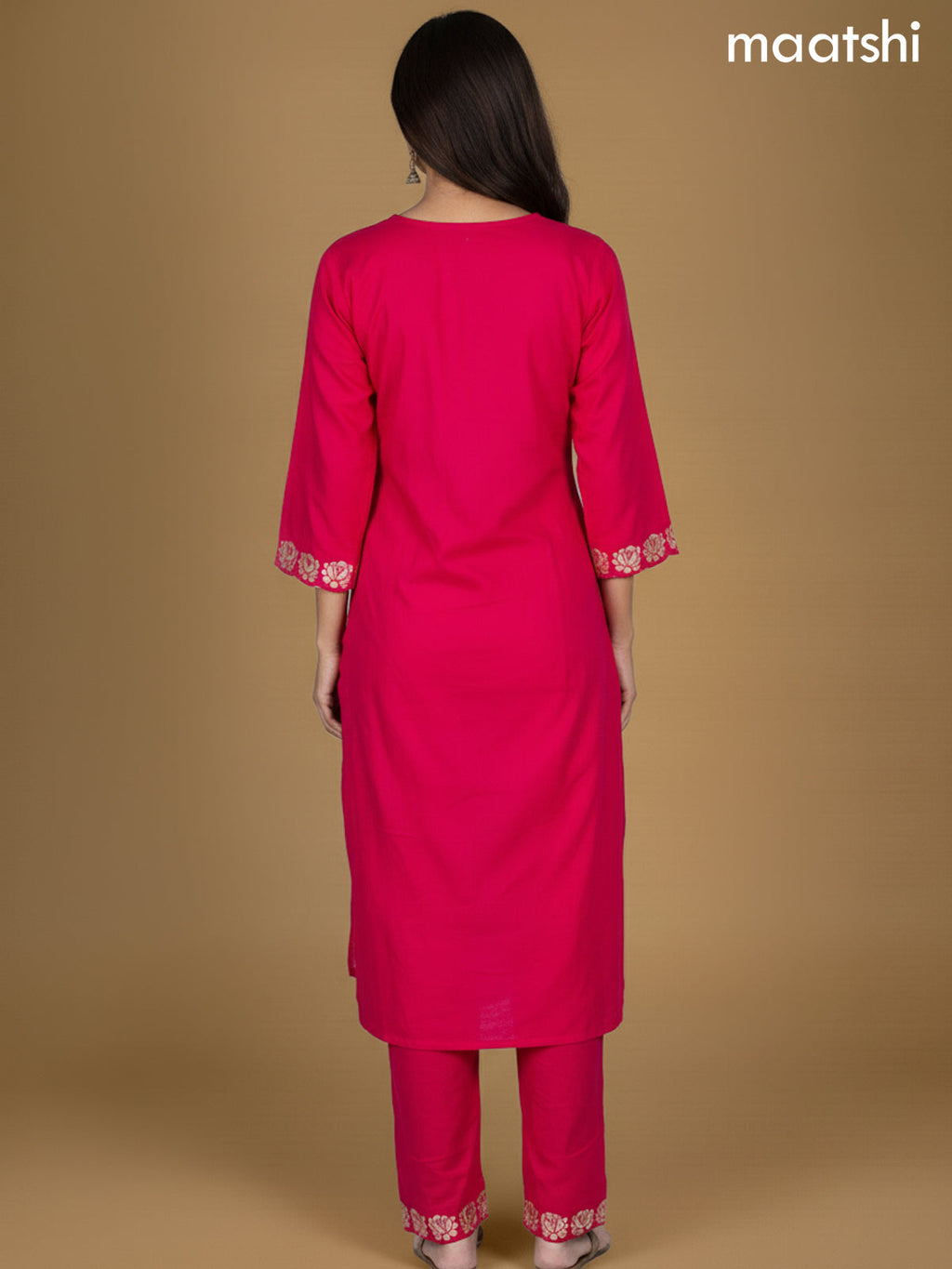 Pink Cotton Embroidery Work A-Line Suit
