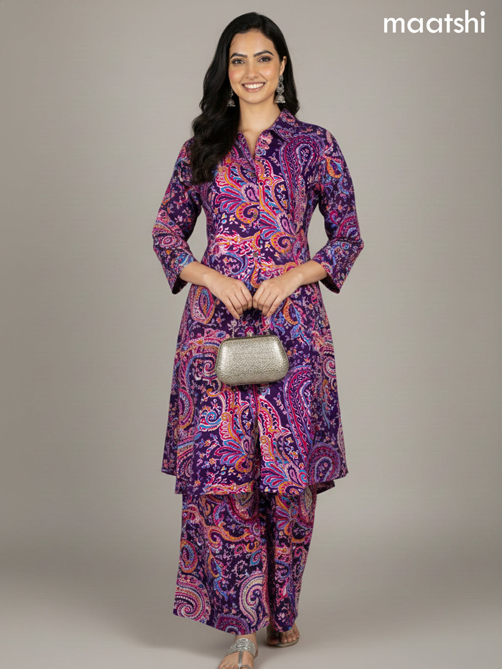 Violet and Multi Colour Cotton Printed Co-Ord Set