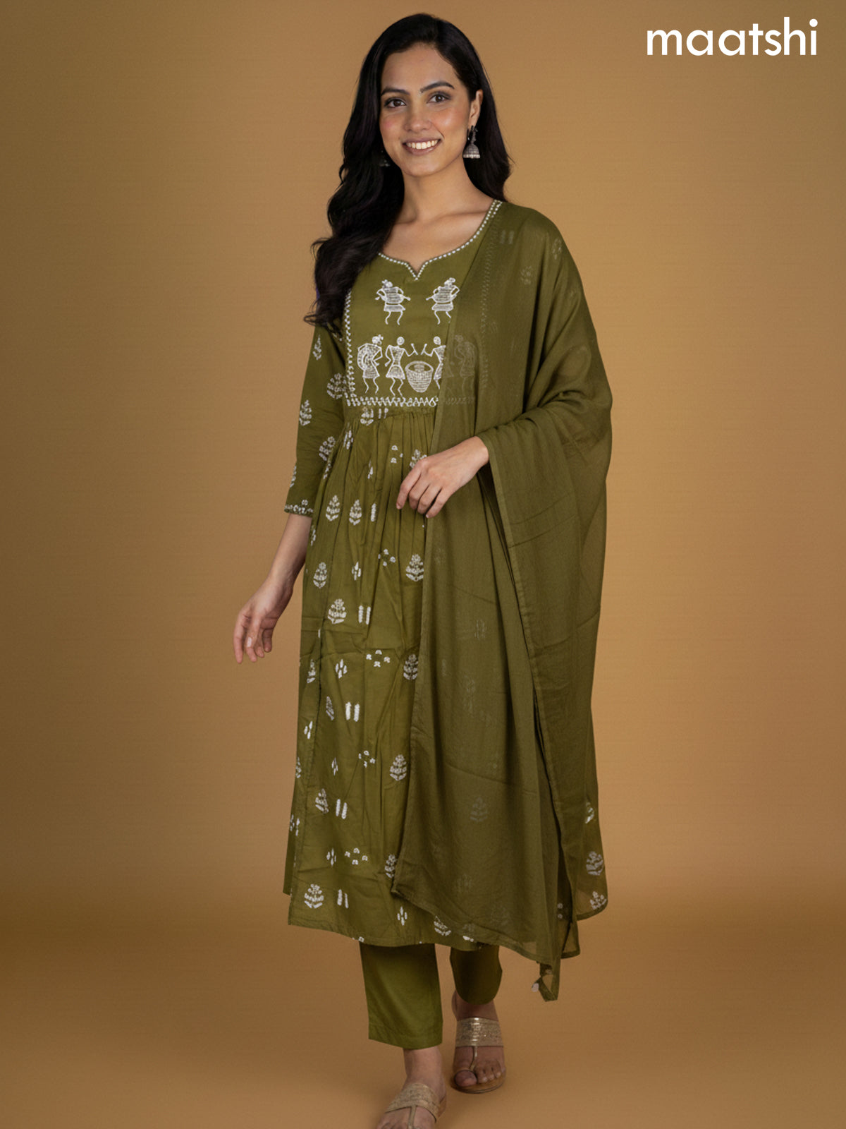 Green Cotton Printed Straight Suit