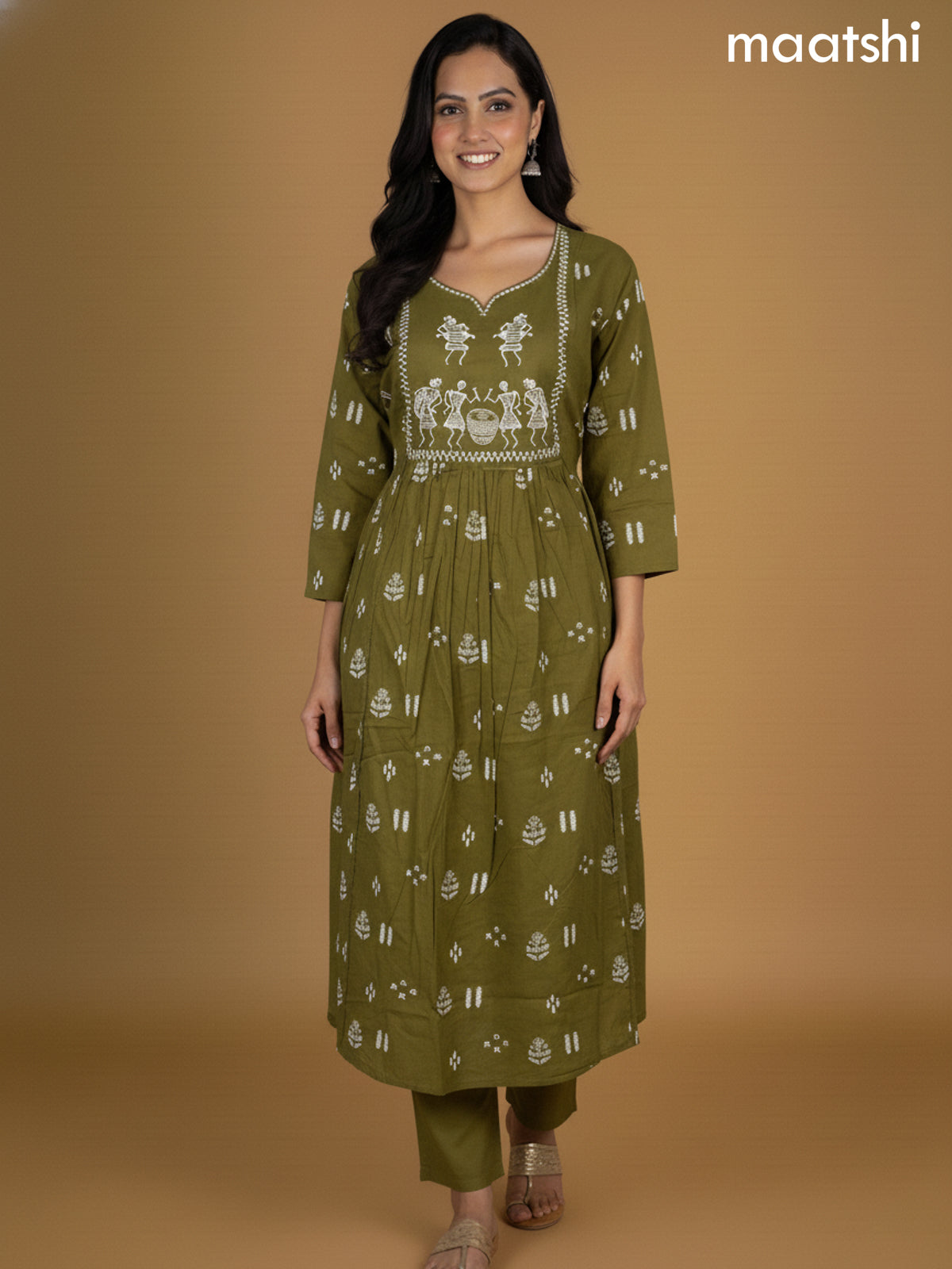 Green Cotton Printed Straight Suit