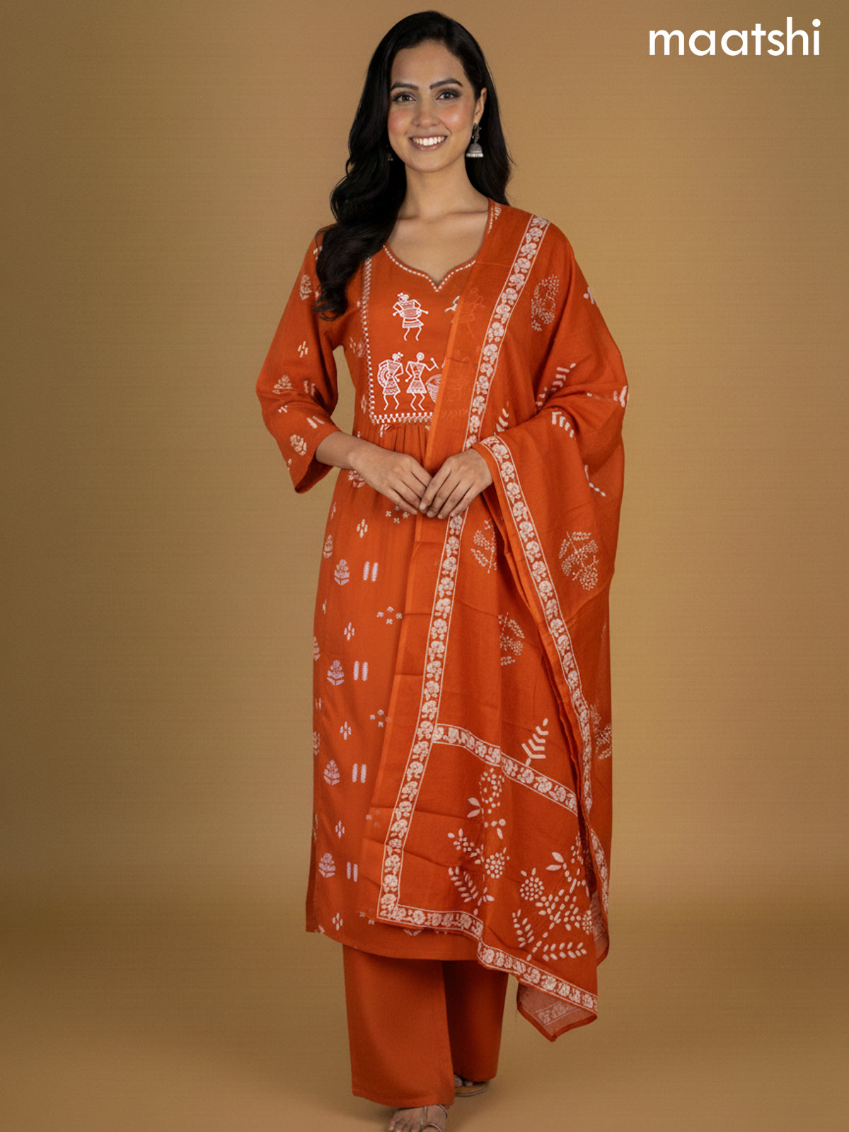Rustic Orange Cotton Printed Straight Suit