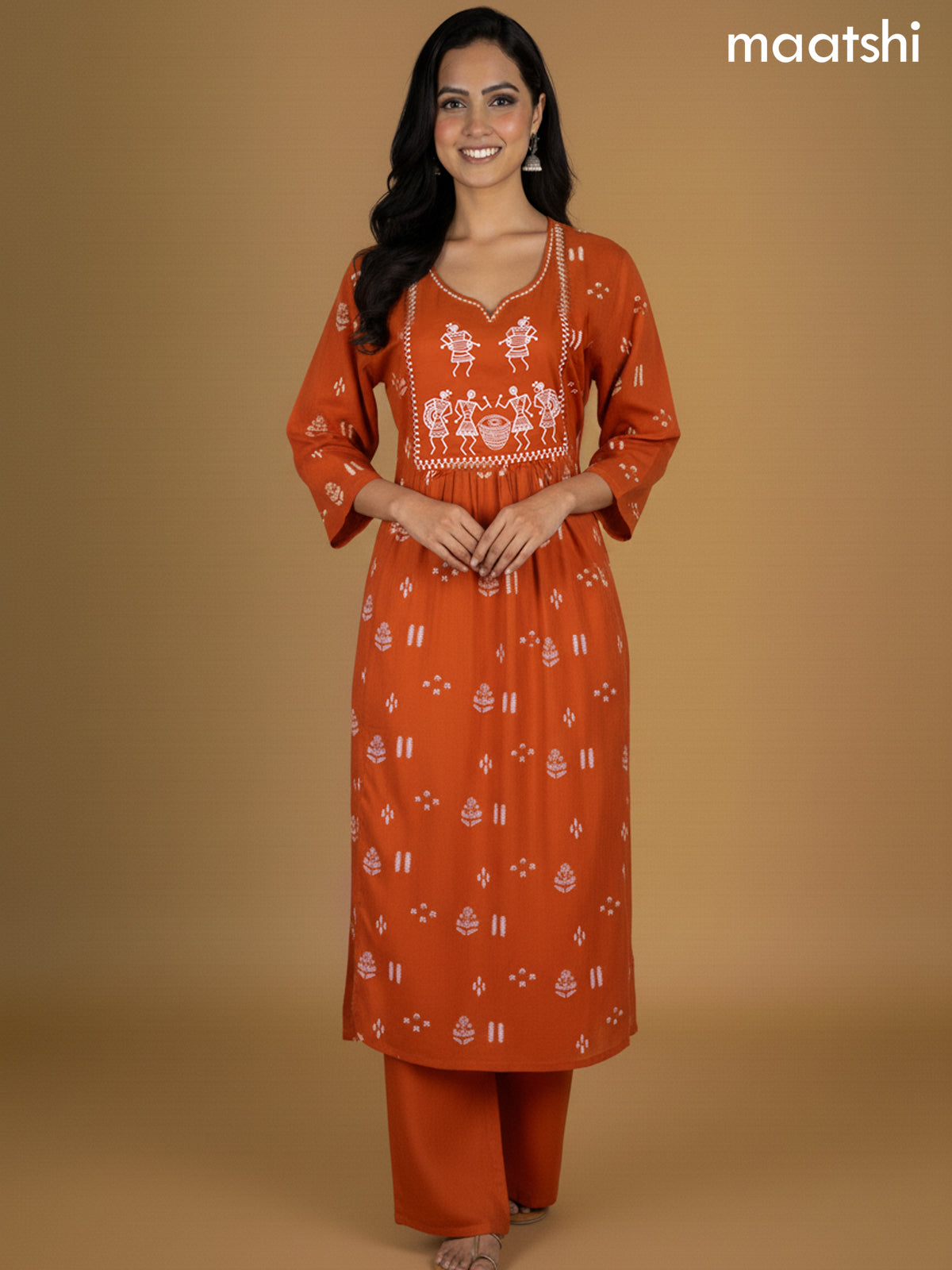 Rustic Orange Cotton Printed Straight Suit