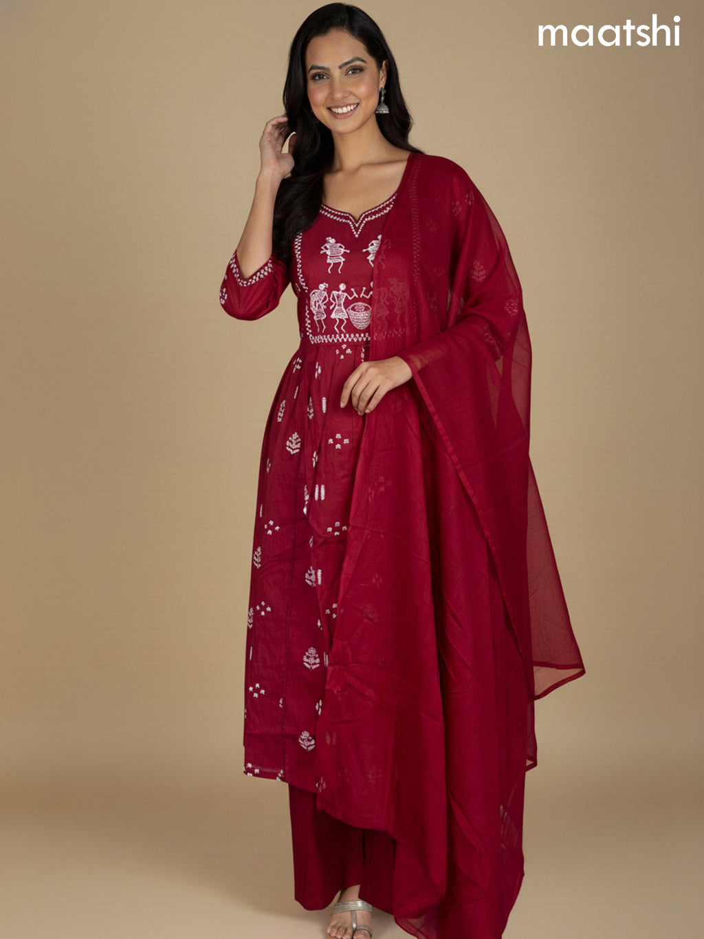 Maroon Cotton Printed Straight Suit