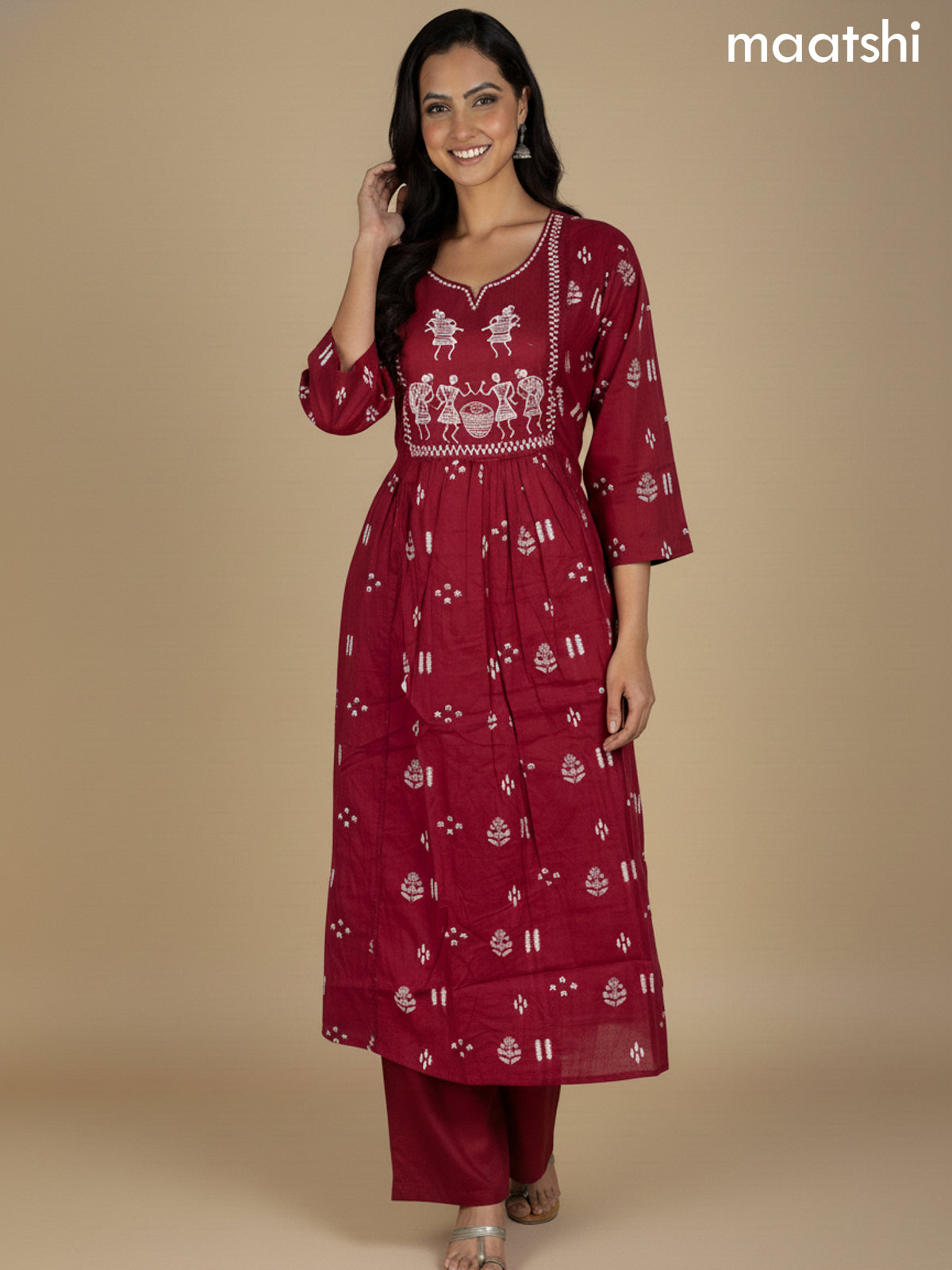 Maroon Cotton Printed Straight Suit