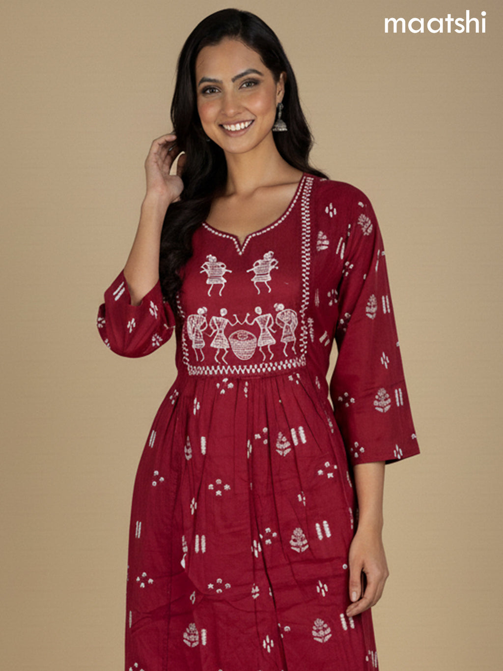 Maroon Cotton Printed Straight Suit