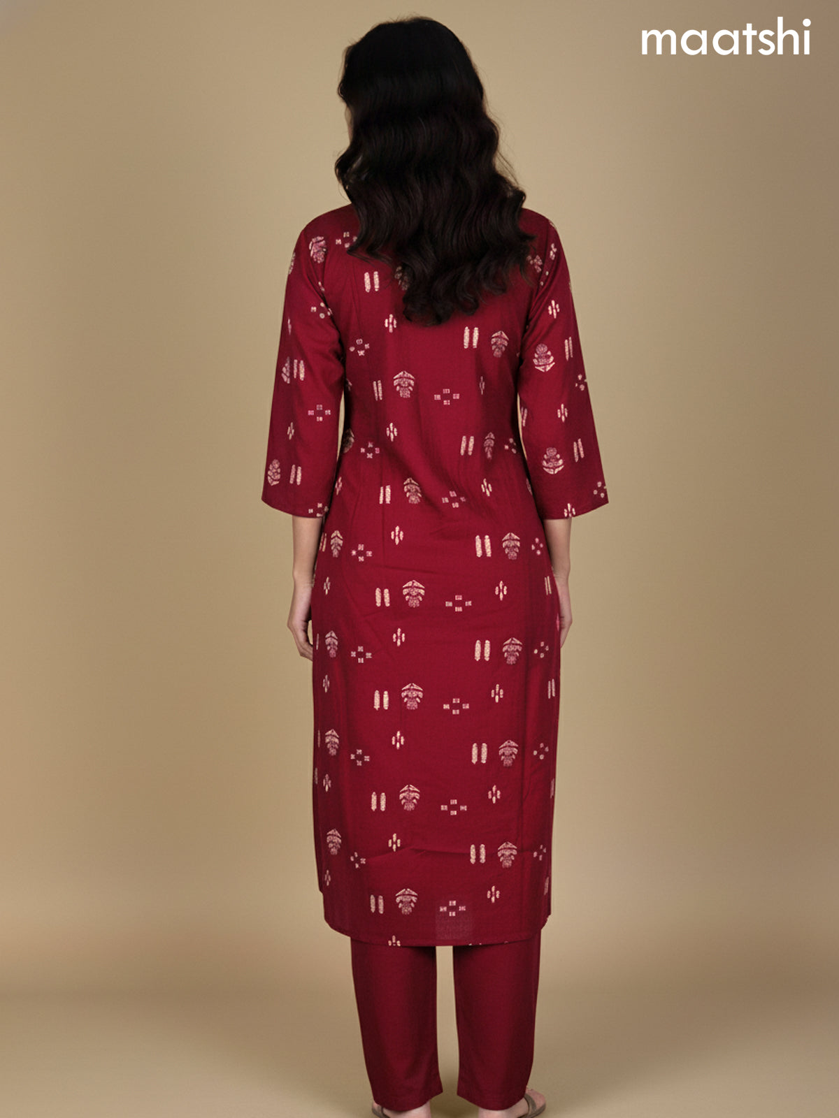 Maroon Cotton Printed Straight Suit