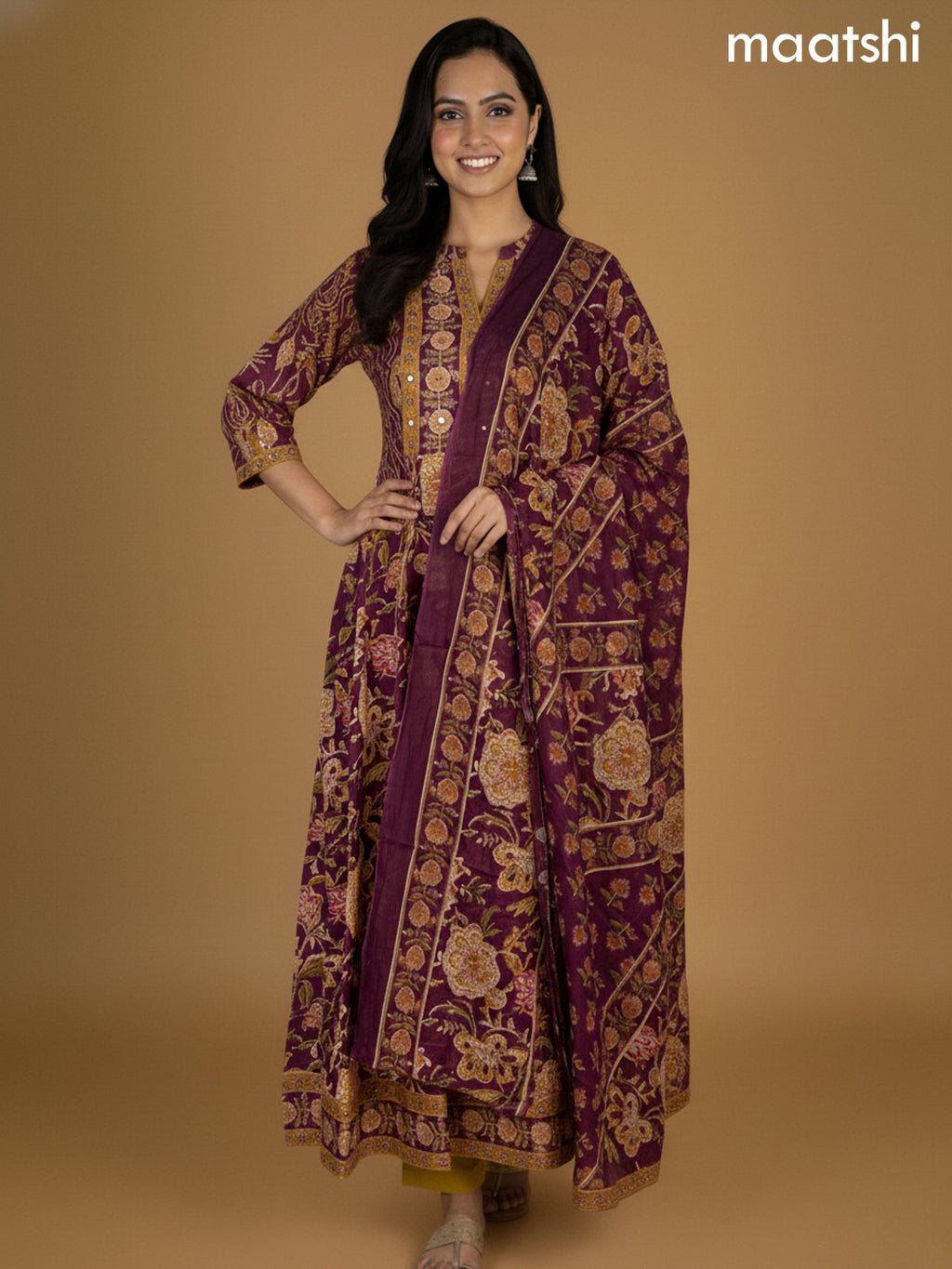 Wine Shade Cotton Floral Printed Anarkali Suit