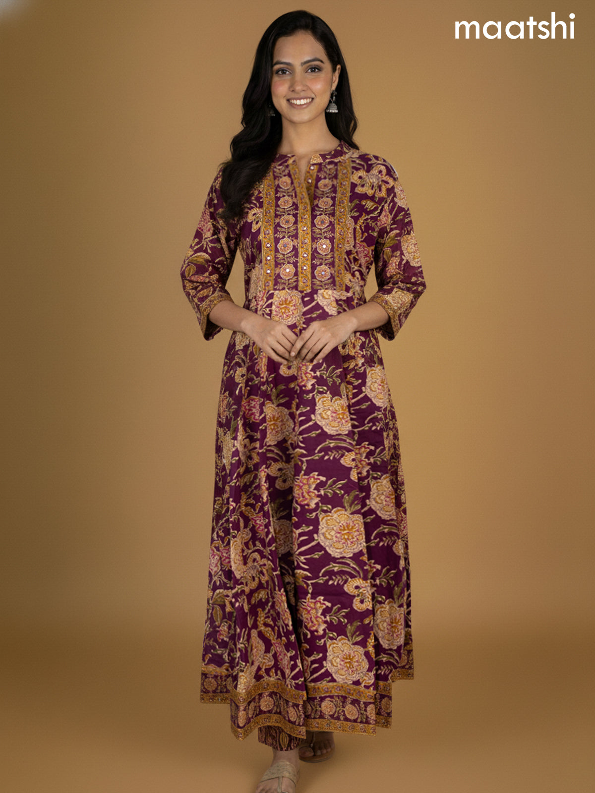 Wine Shade Cotton Floral Printed Anarkali Suit