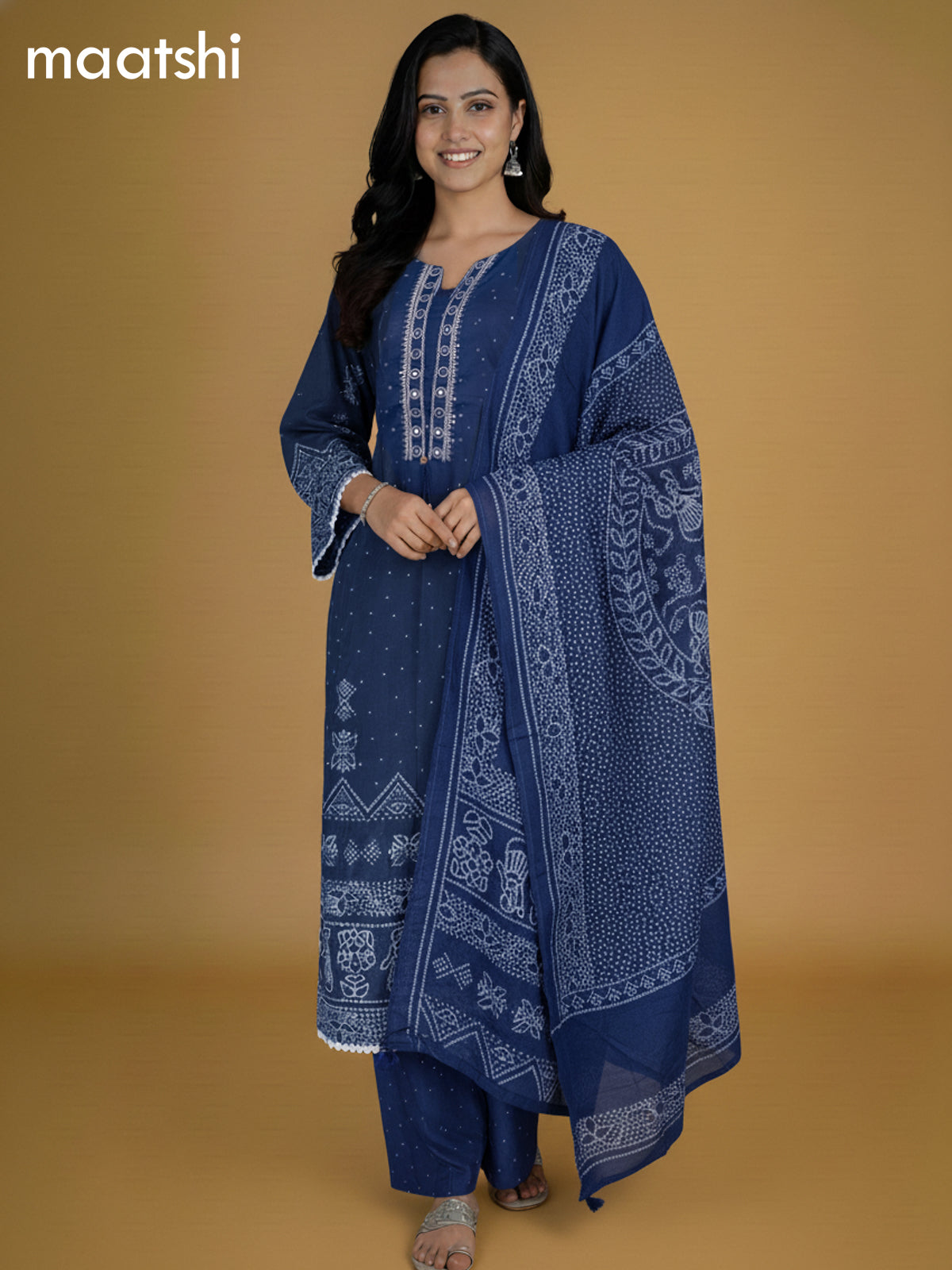 Blue Cotton Printed Anarkali Suit