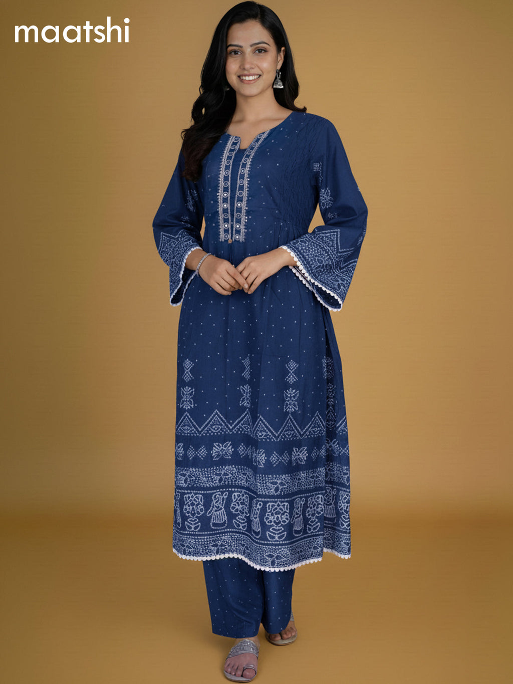 Blue Cotton Printed Anarkali Suit