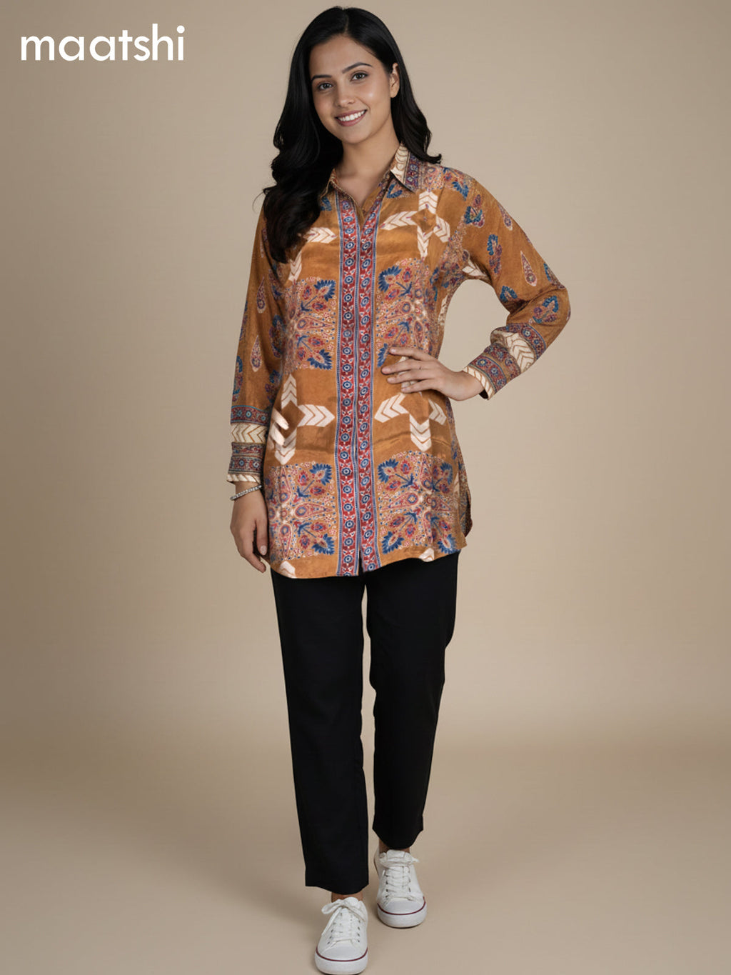 Mustard Shade Crepe Silk Ajrakh Printed Women Shirt