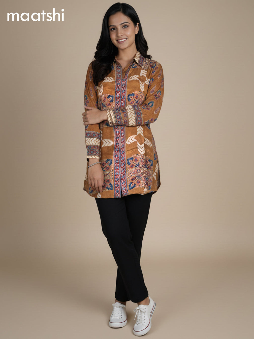 Mustard Shade Crepe Silk Ajrakh Printed Women Shirt
