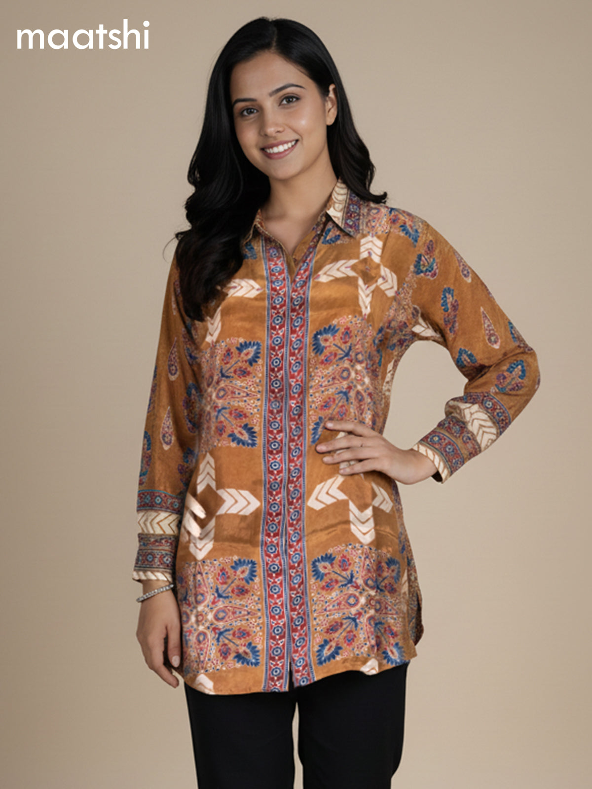 Mustard Shade Crepe Silk Ajrakh Printed Women Shirt