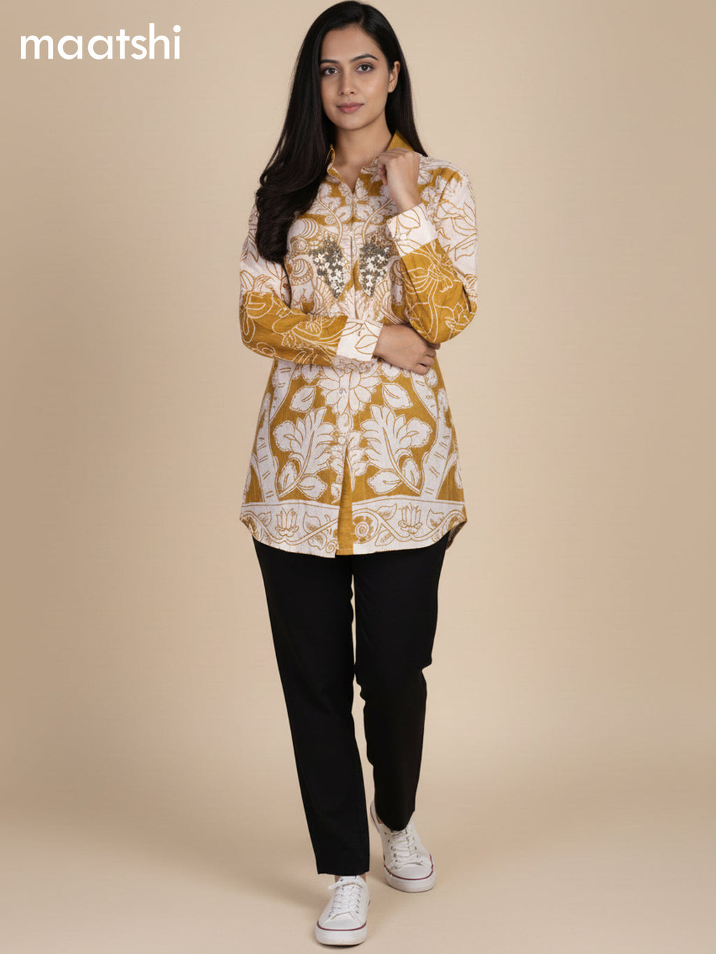 Mustard Yellow and Cream Muslin Kalamkari Printed Short Kurti