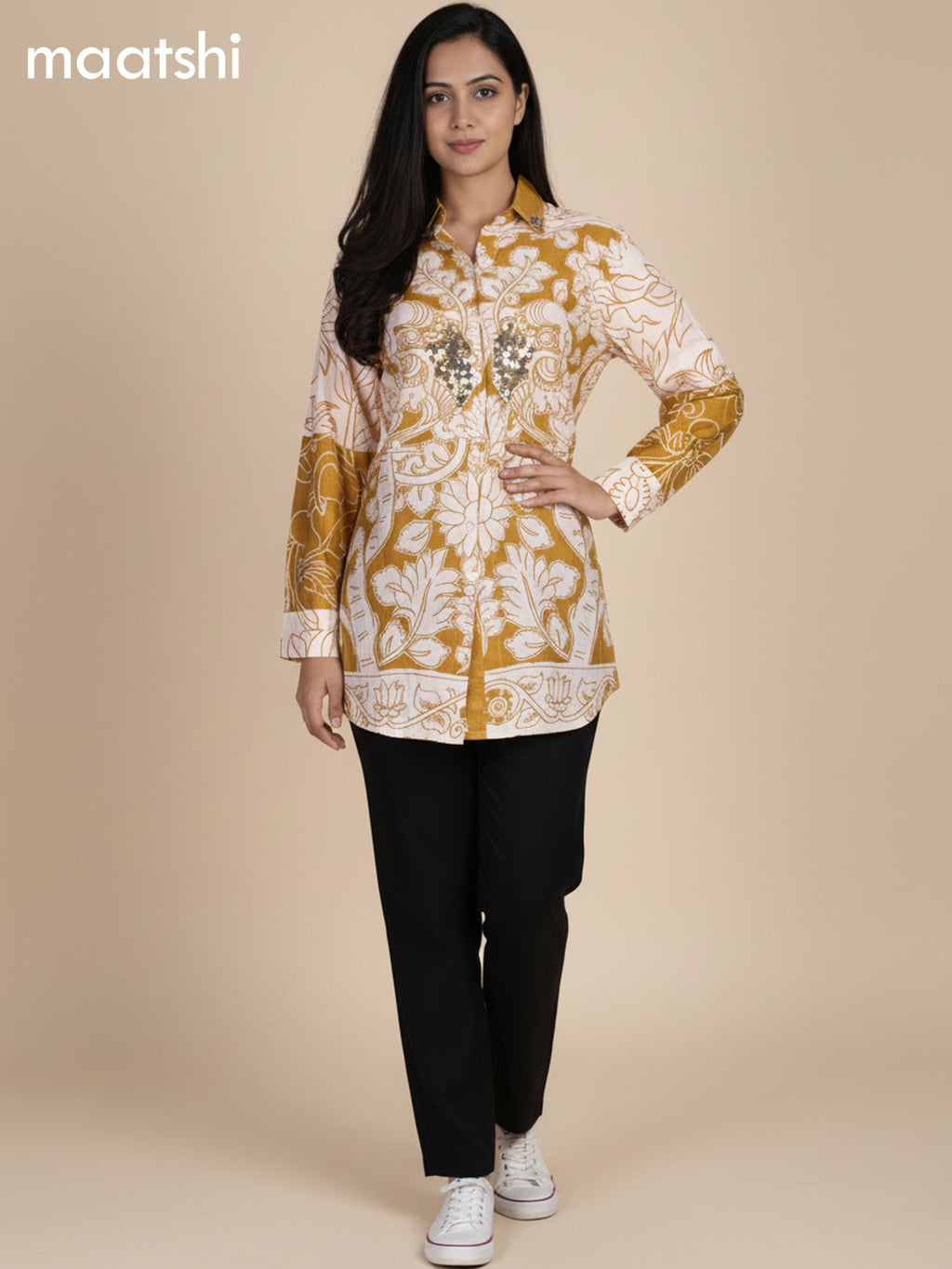 Mustard Yellow and Cream Muslin Kalamkari Printed Short Kurti