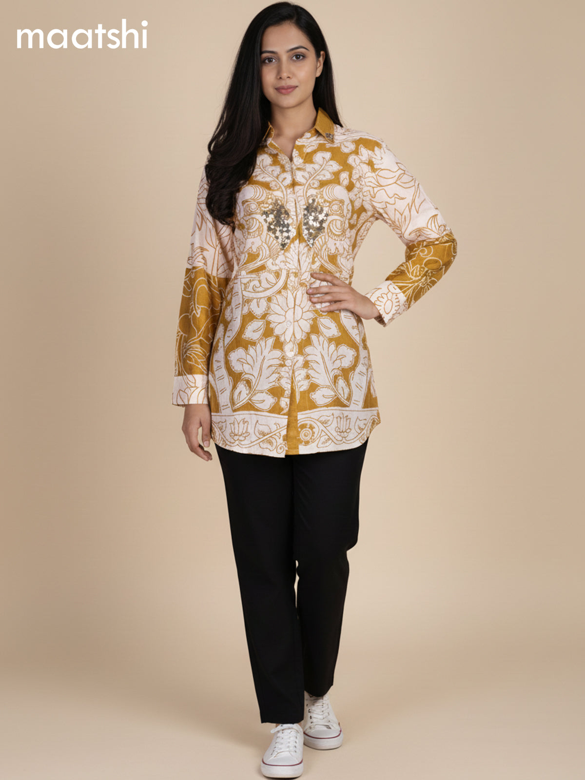 Mustard Yellow and Cream Muslin Kalamkari Printed Short Kurti