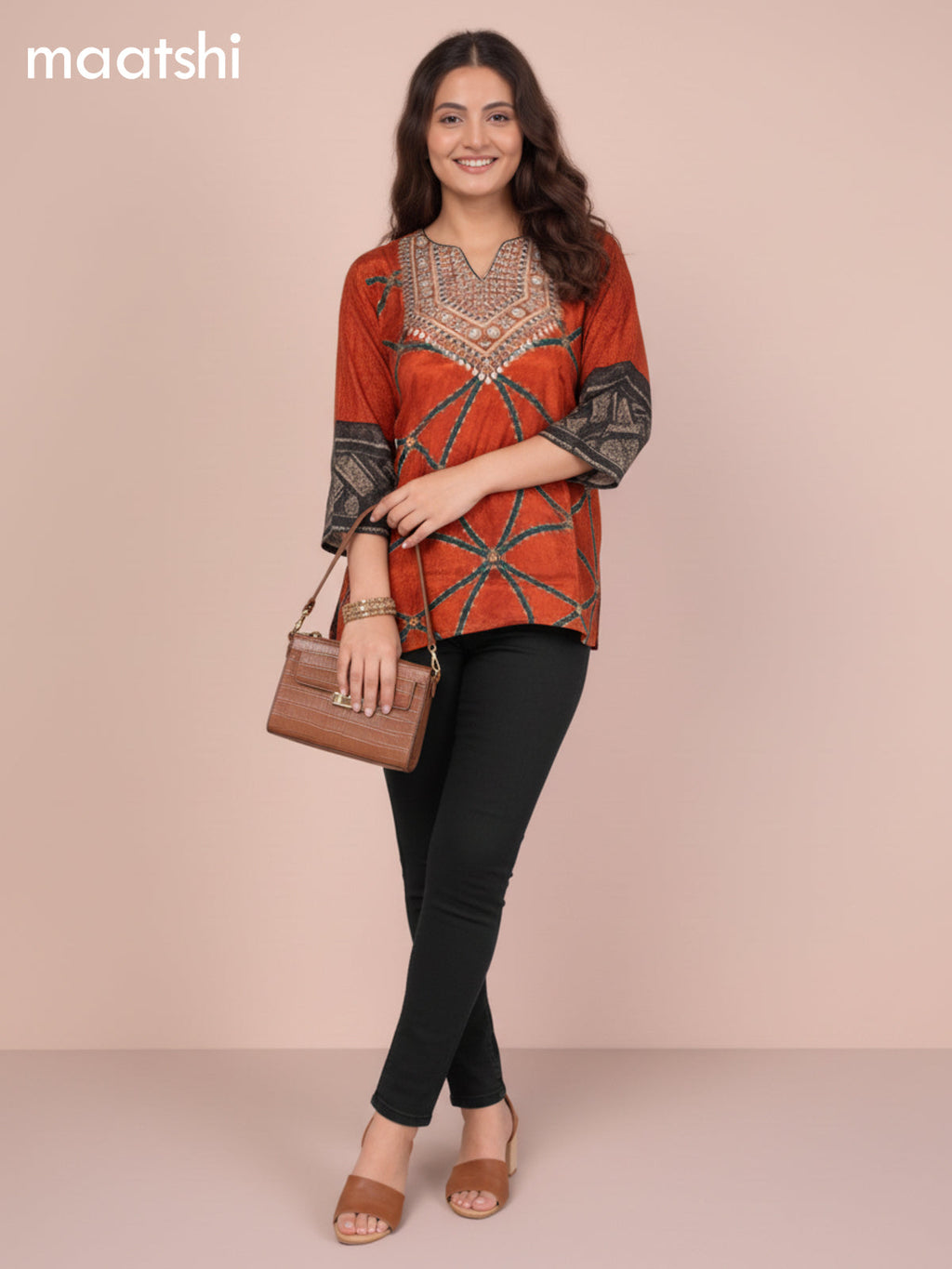 Orange Crepe Silk Ajrakh Printed Short Kurti