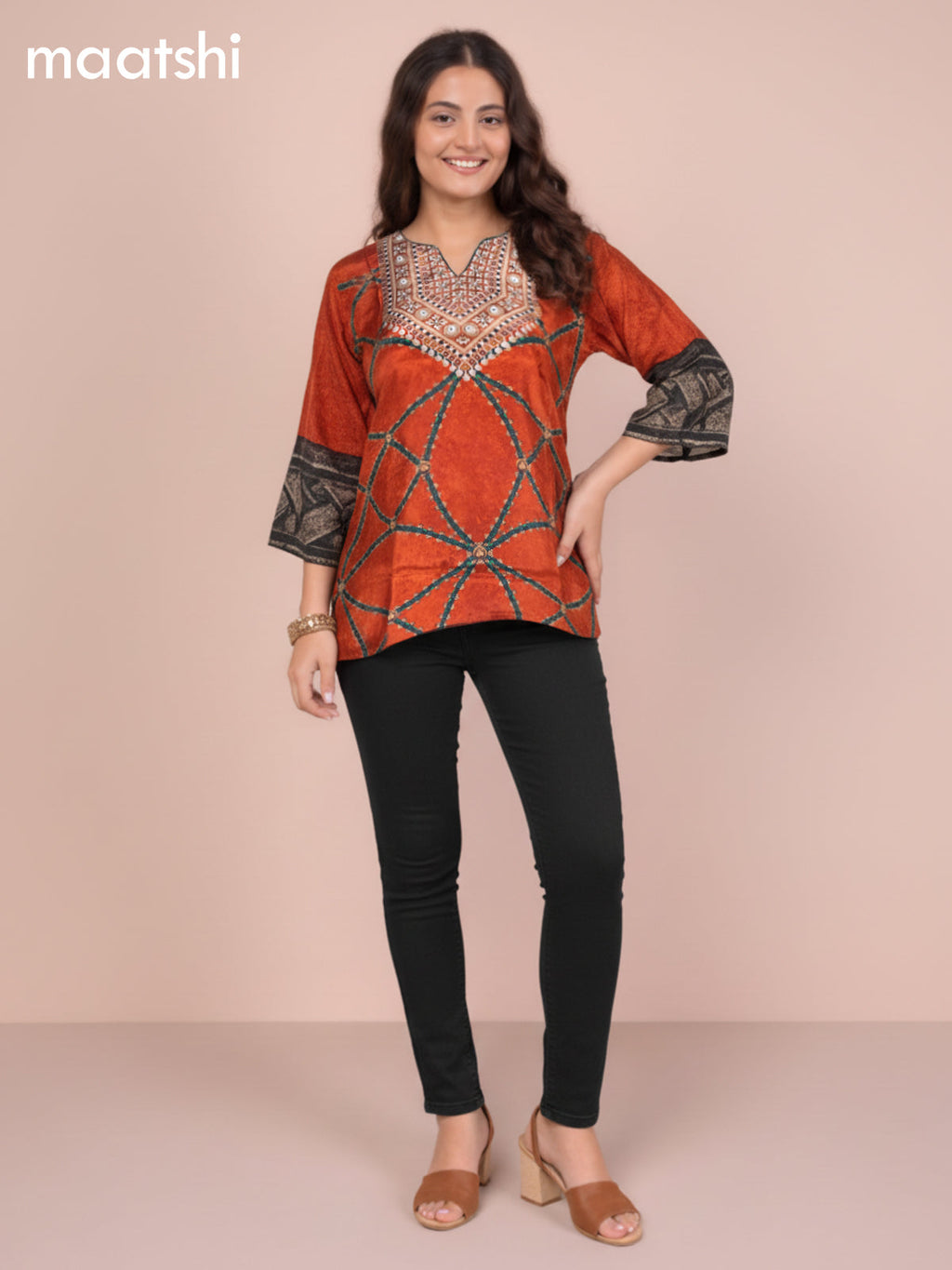 Orange Crepe Silk Ajrakh Printed Short Kurti