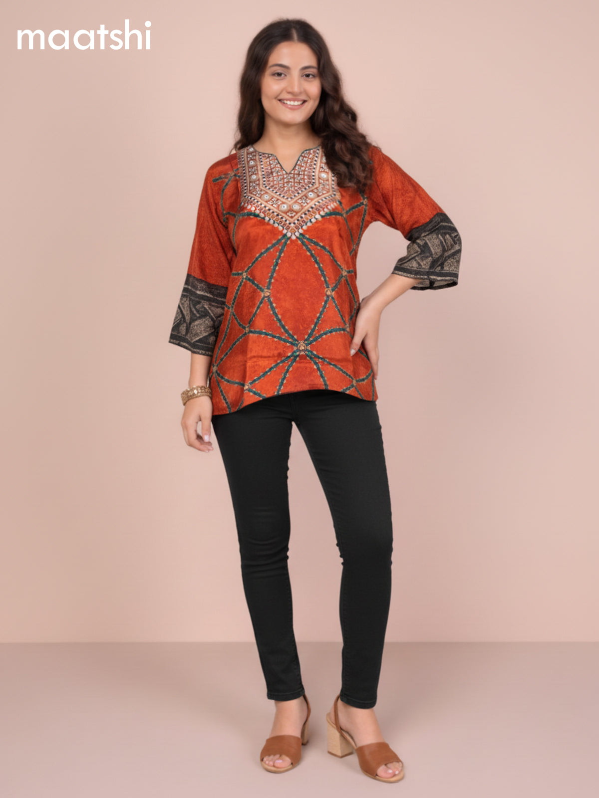 Orange Crepe Silk Ajrakh Printed Short Kurti