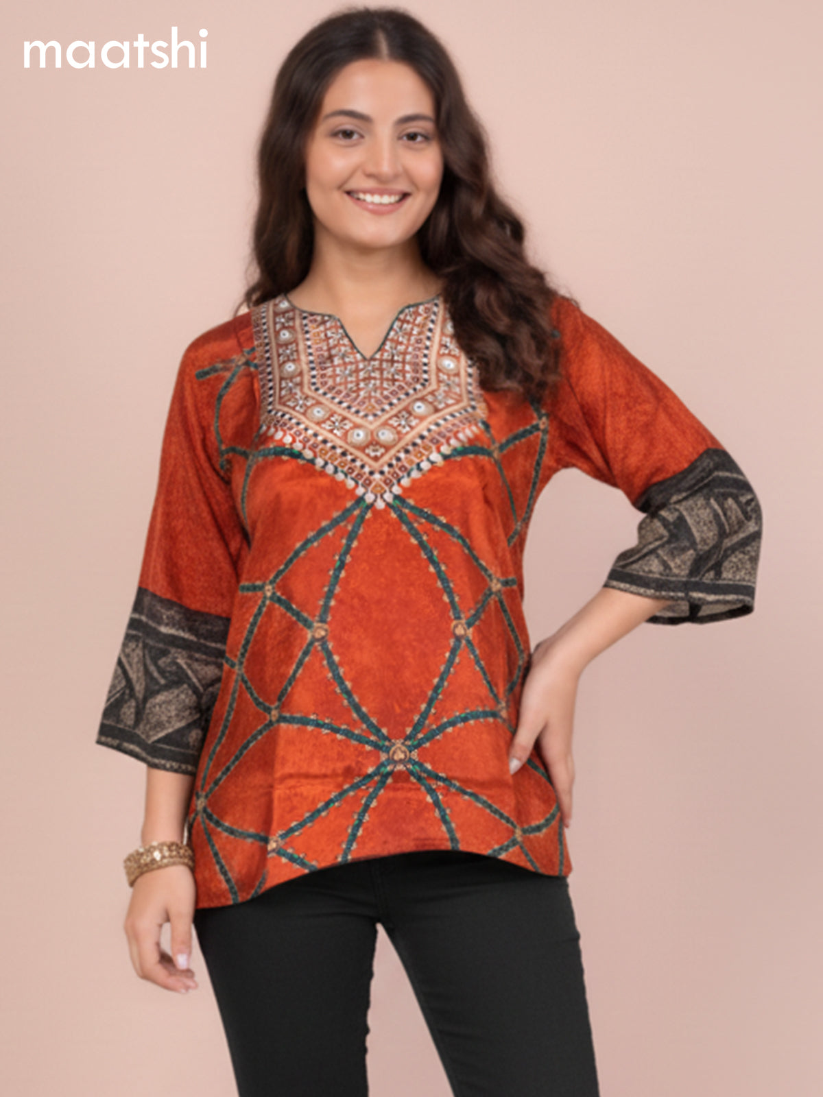 Orange Crepe Silk Ajrakh Printed Short Kurti