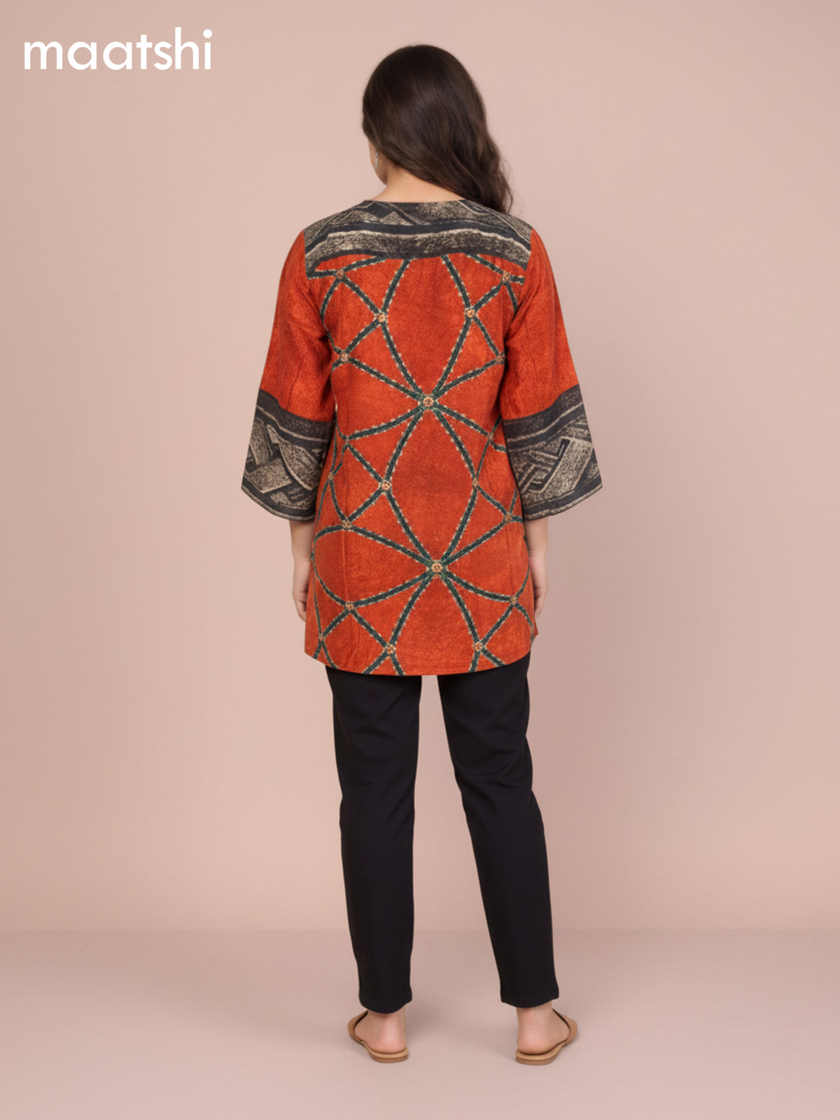 Orange Crepe Silk Ajrakh Printed Short Kurti