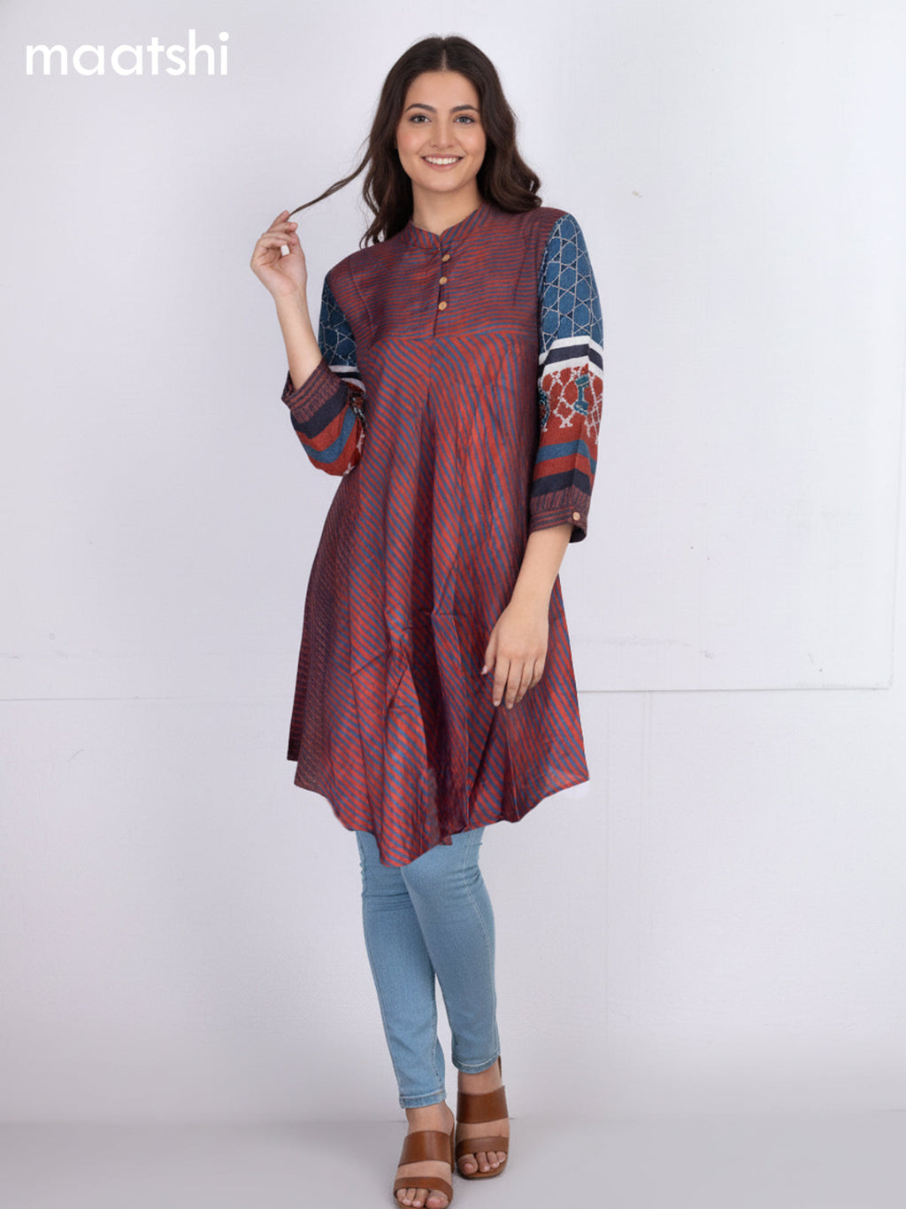 Maroon and Blue Muslin Ajrakh Printed Short Kurti