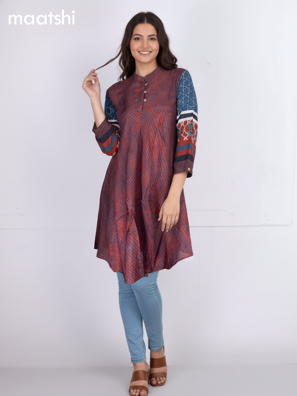 Maroon and Blue Muslin Ajrakh Printed Short Kurti