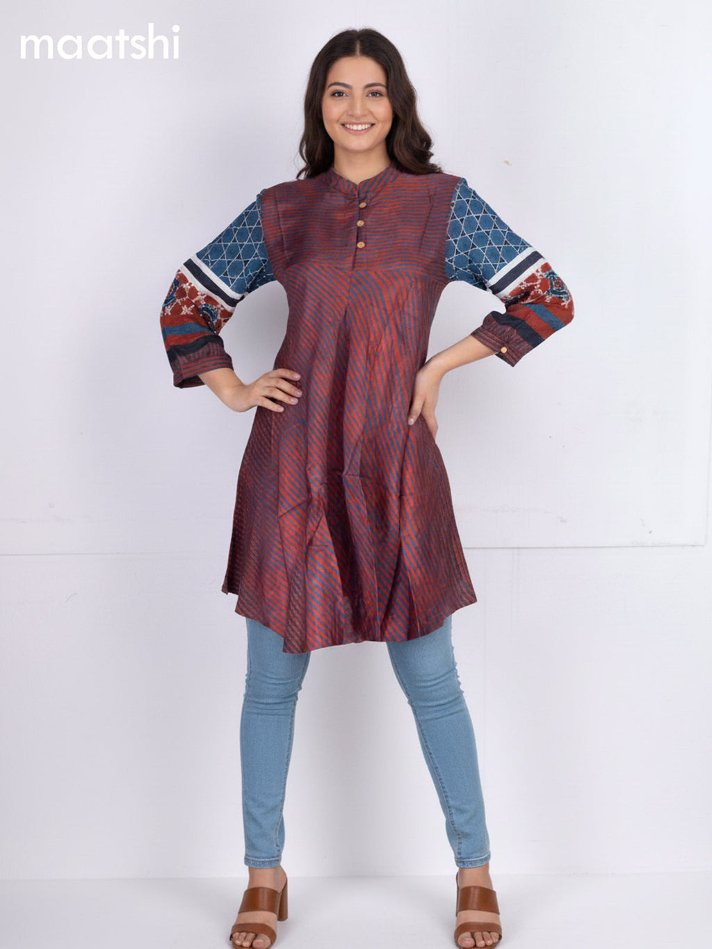 Maroon and Blue Muslin Ajrakh Printed Short Kurti