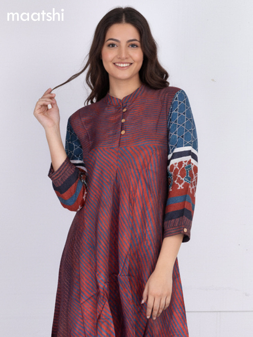 Maroon and Blue Muslin Ajrakh Printed Short Kurti