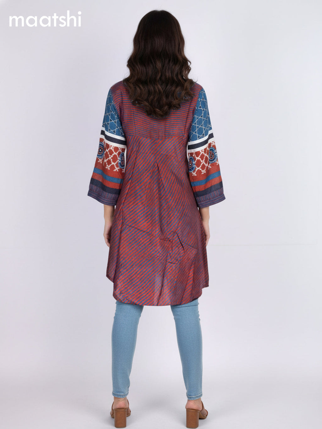 Maroon and Blue Muslin Ajrakh Printed Short Kurti