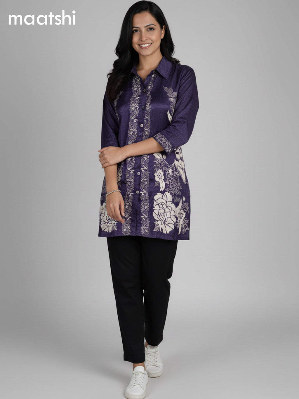 Deep Violet Crepe Silk Printed Women Shirt