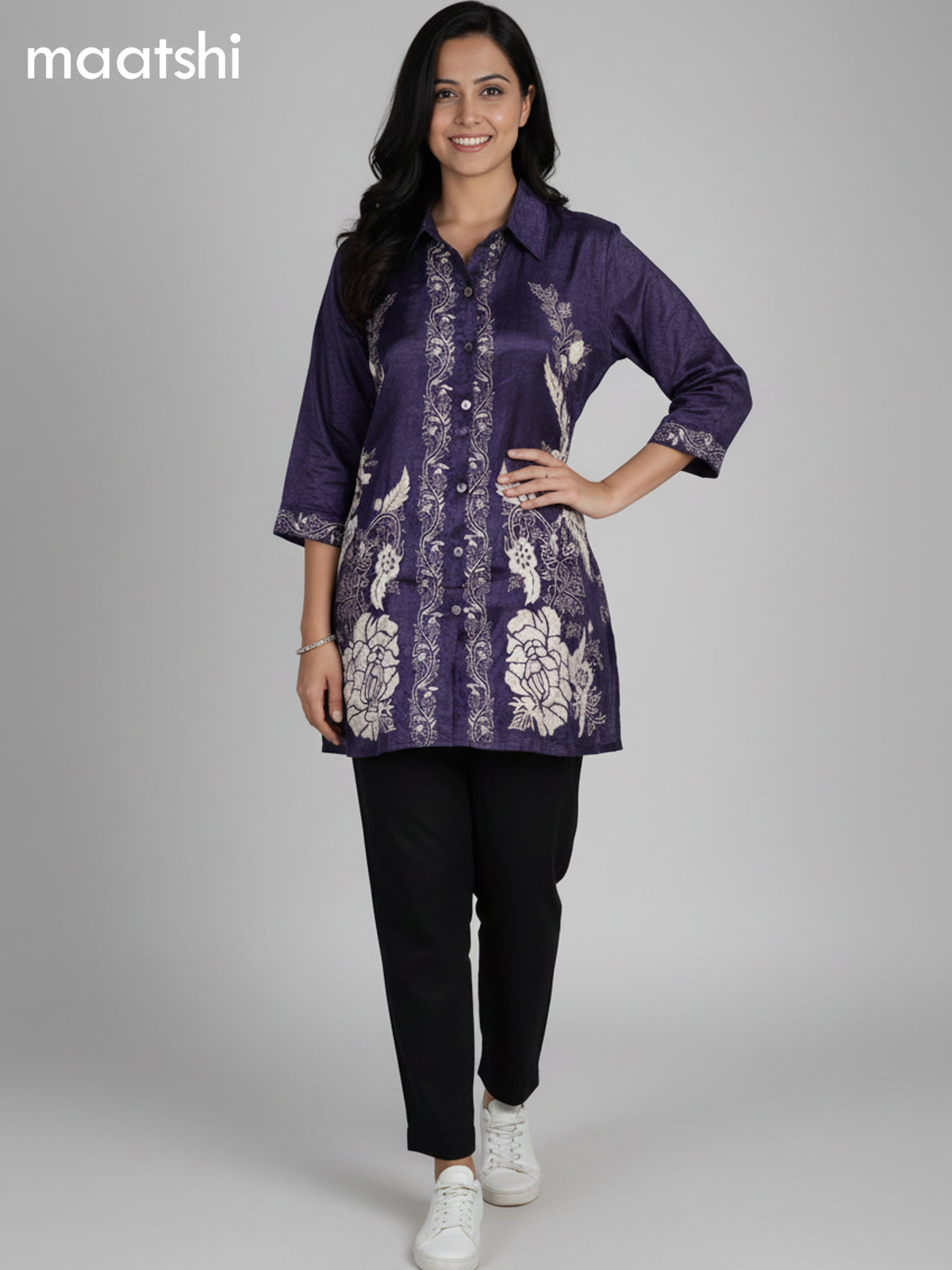 Deep Violet Crepe Silk Printed Women Shirt