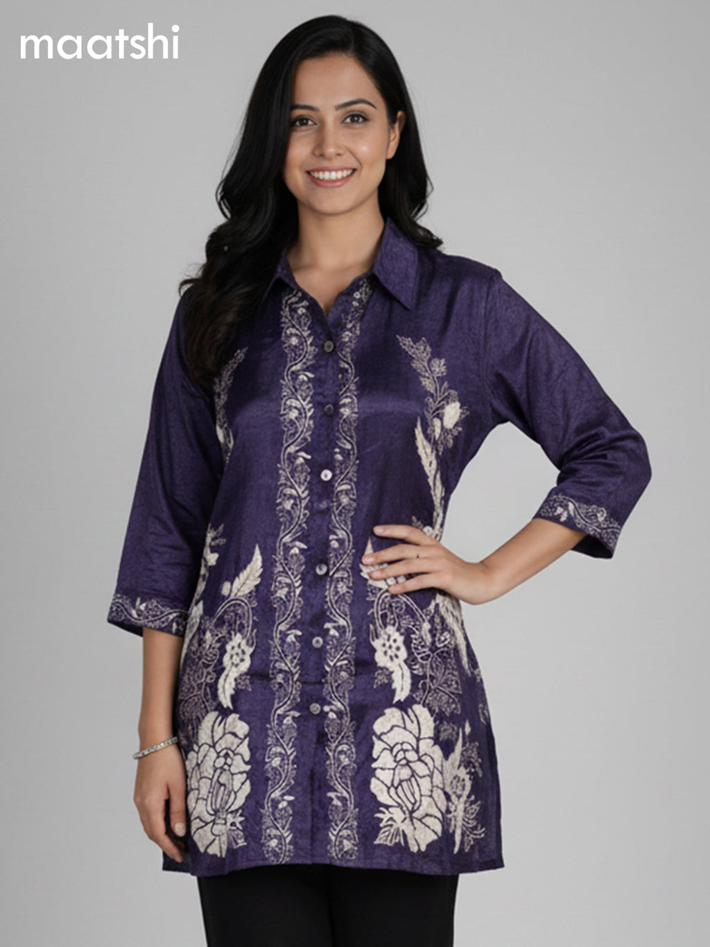 Deep Violet Crepe Silk Printed Women Shirt