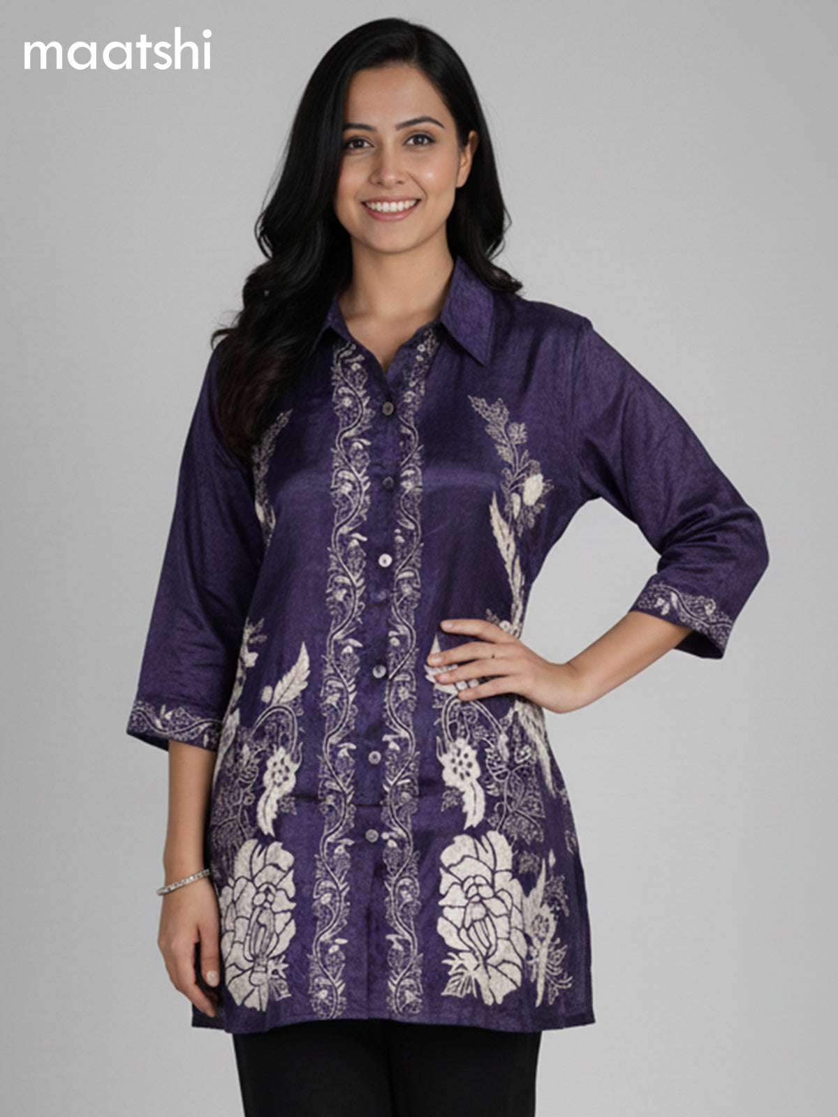 Deep Violet Crepe Silk Printed Women Shirt