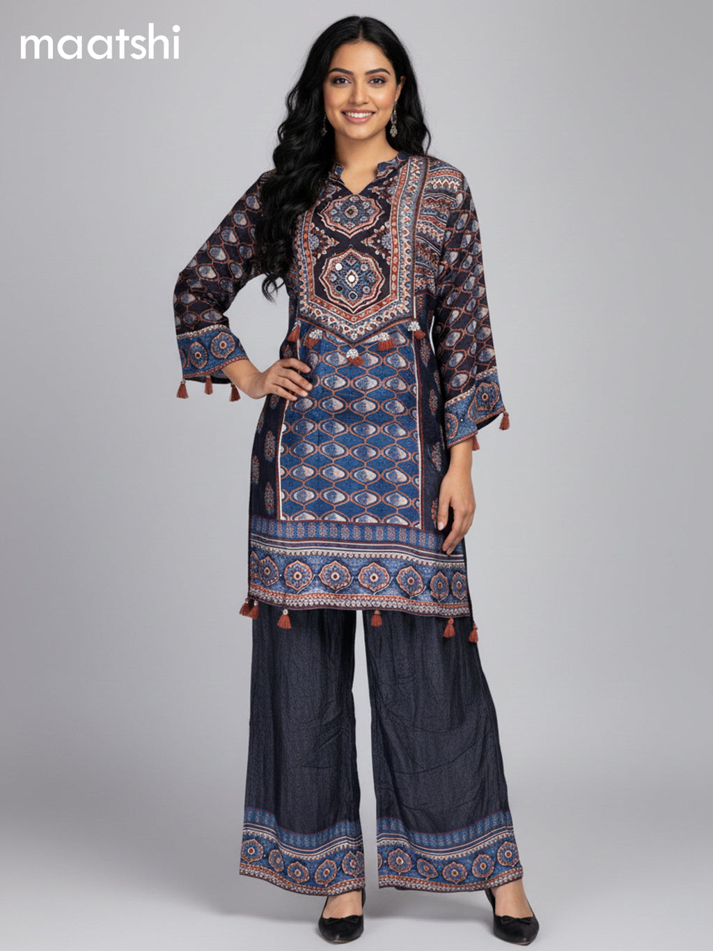 Black and Maroon Crepe Silk Ajrakh Printed Kurti Set