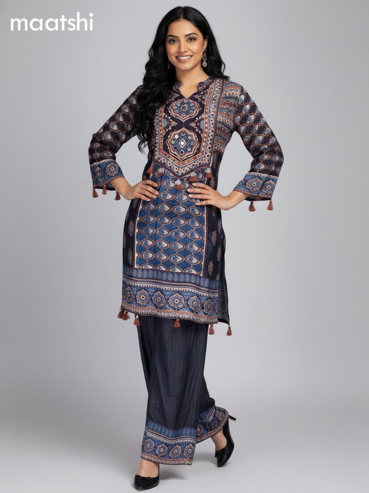 Black and Maroon Crepe Silk Ajrakh Printed Kurti Set