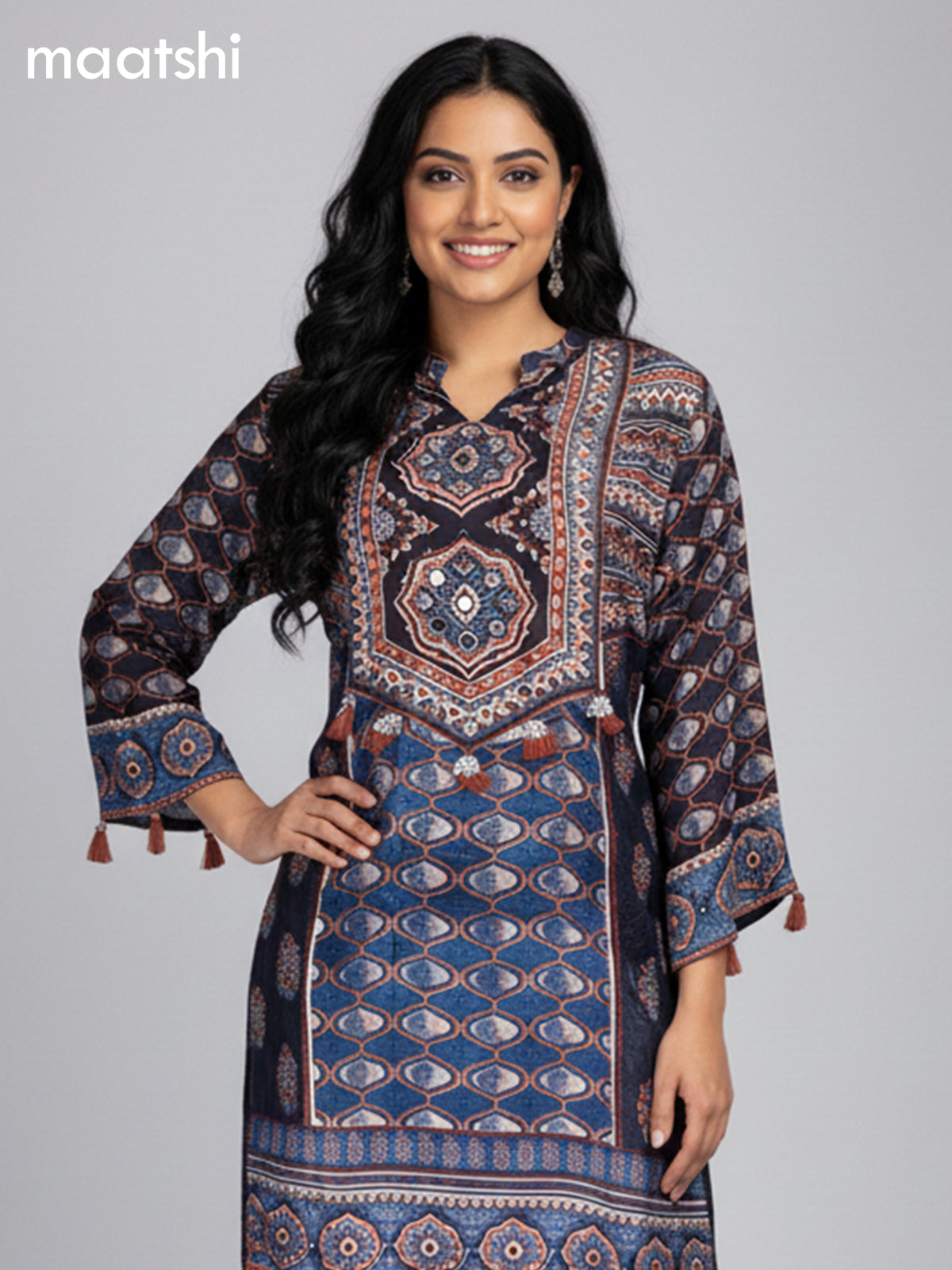 Black and Maroon Crepe Silk Ajrakh Printed Kurti Set