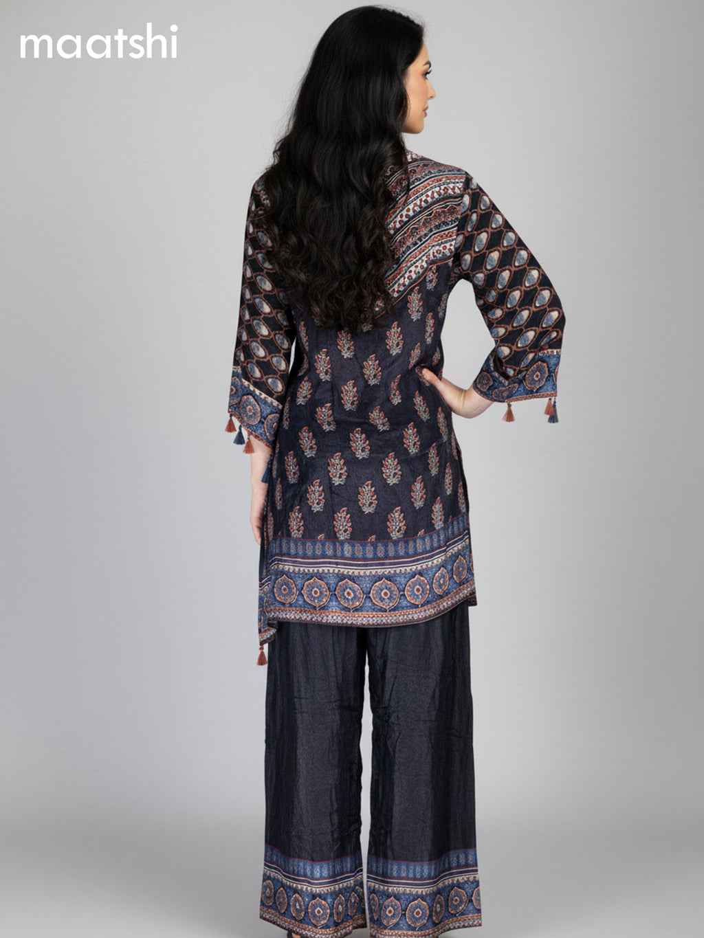 Black and Maroon Crepe Silk Ajrakh Printed Kurti Set
