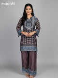 Brown and Blue Crepe Silk Ajrakh Printed Kurti Set