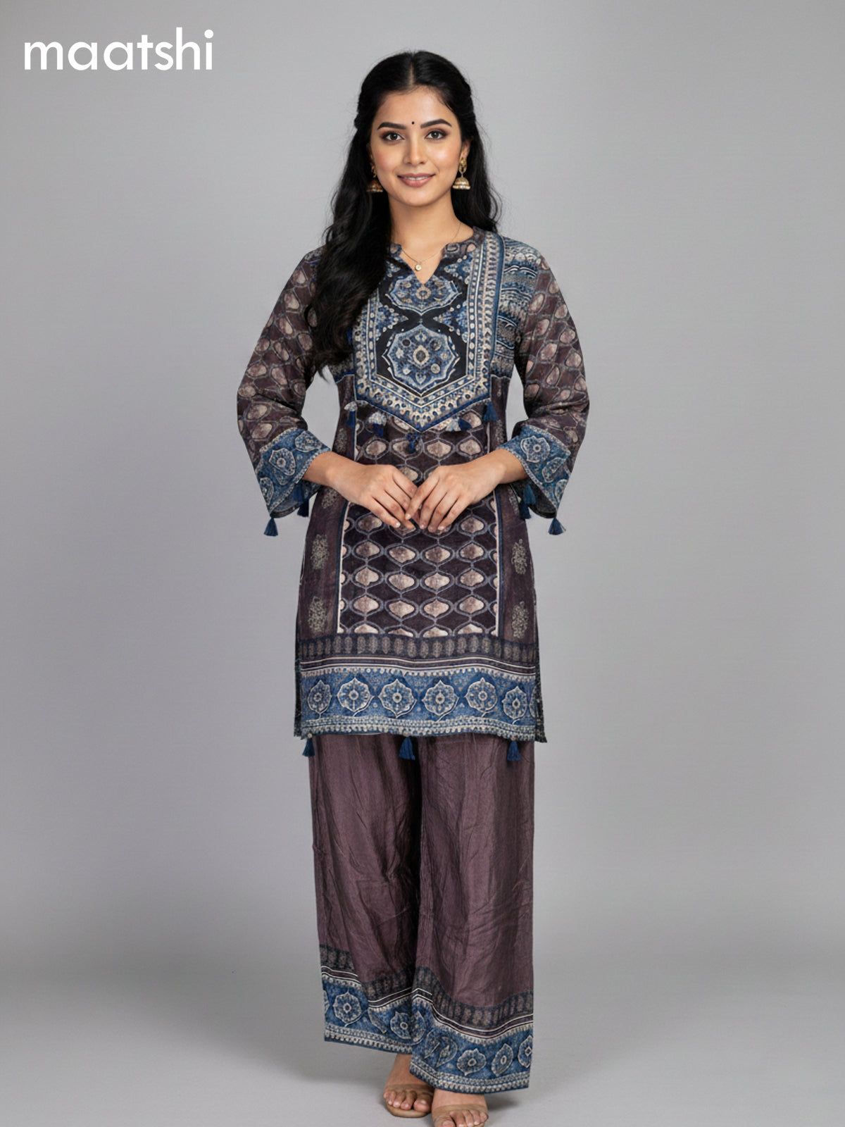 Brown and Blue Crepe Silk Ajrakh Printed Kurti Set