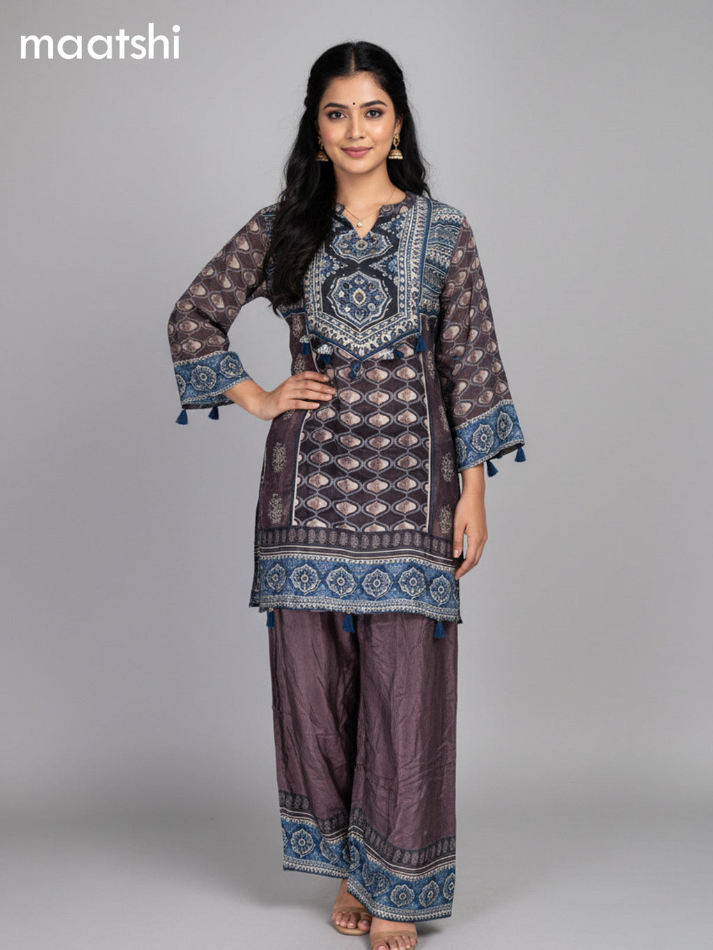 Brown and Blue Crepe Silk Ajrakh Printed Kurti Set