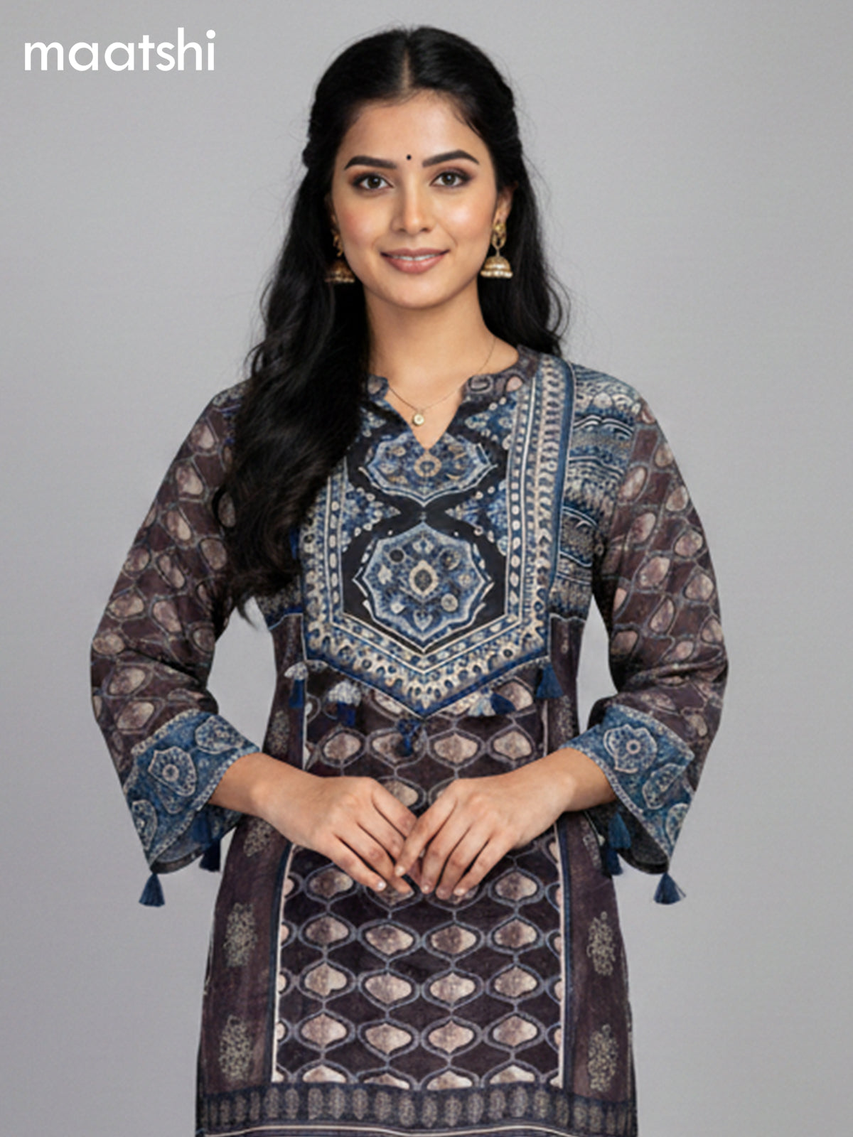 Brown and Blue Crepe Silk Ajrakh Printed Kurti Set